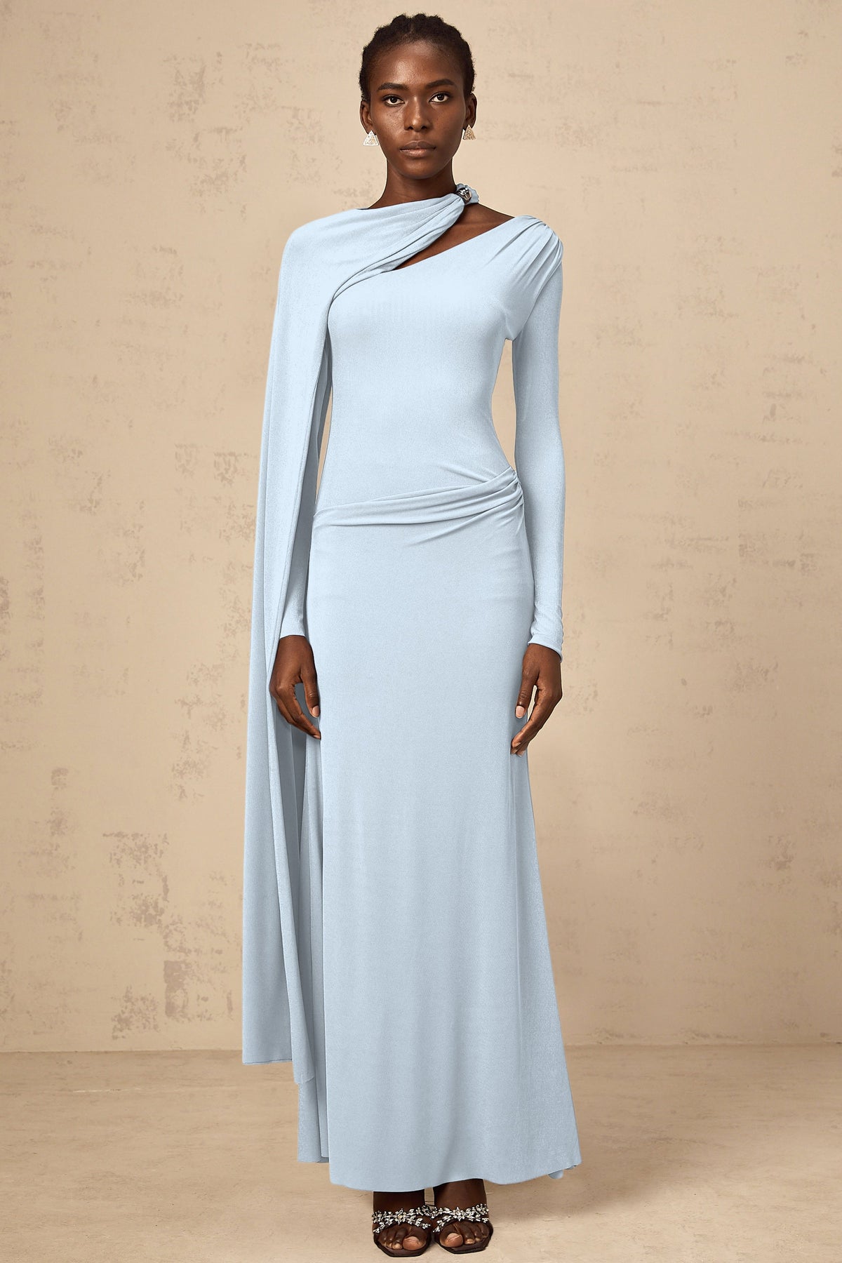 Josette Blue Diagonal Shawl Fitted Maxi Dress