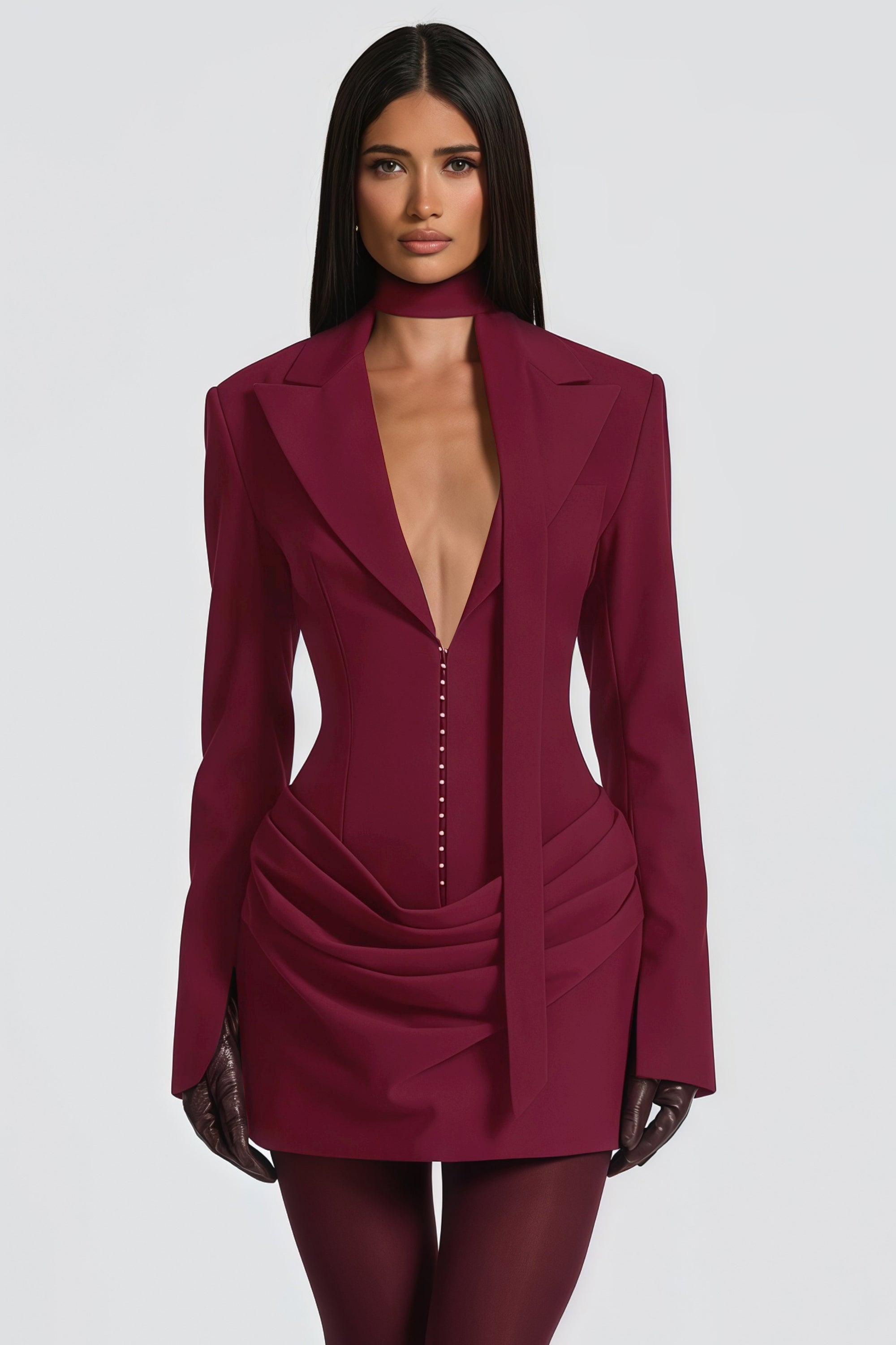Rosette Burgundy Ruched Blazer Mini Dress (Final Sale)