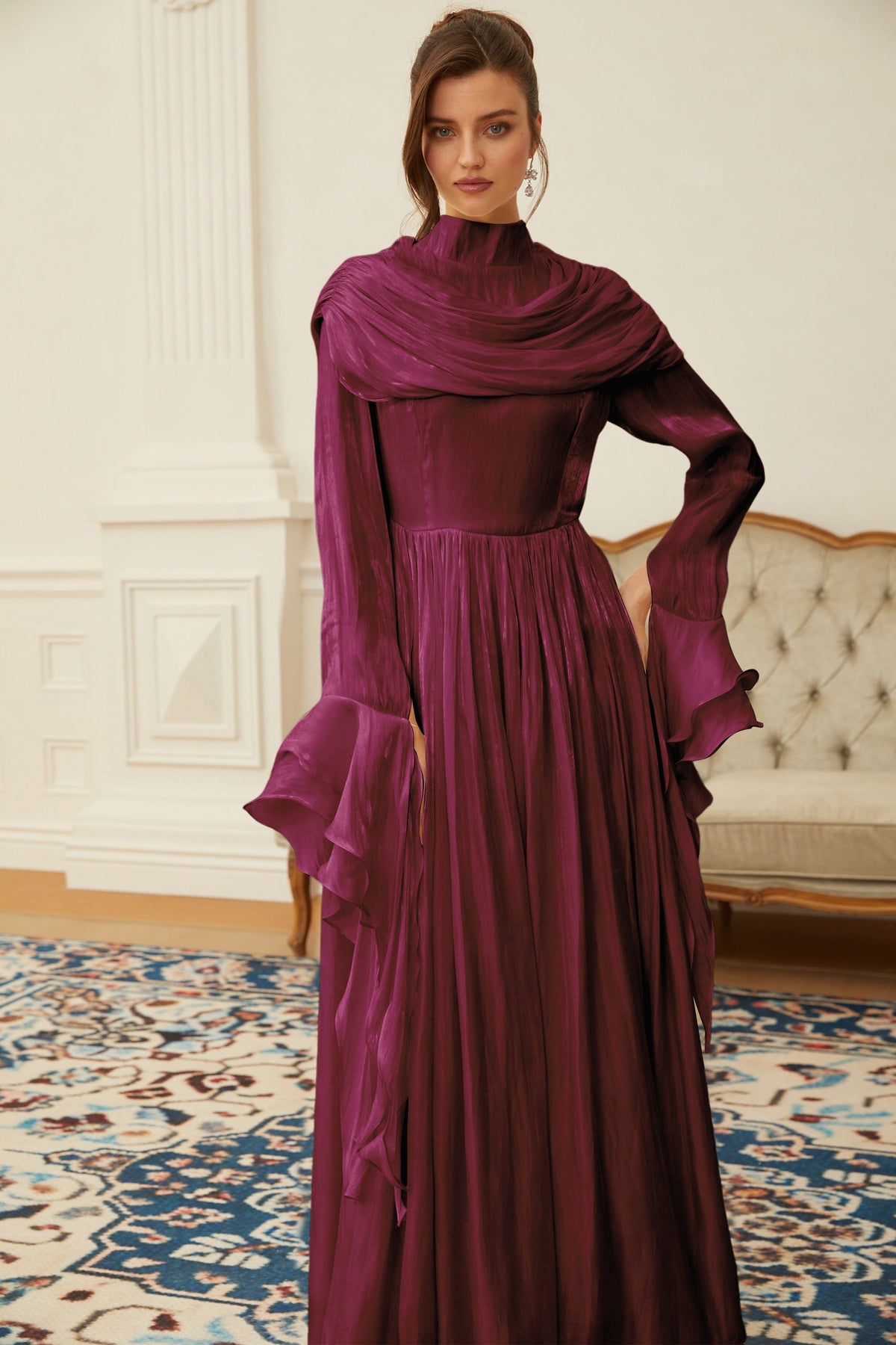 Danuta Burgundy Ruched Pleated Maxi Dress (Final Sale-US Only)
