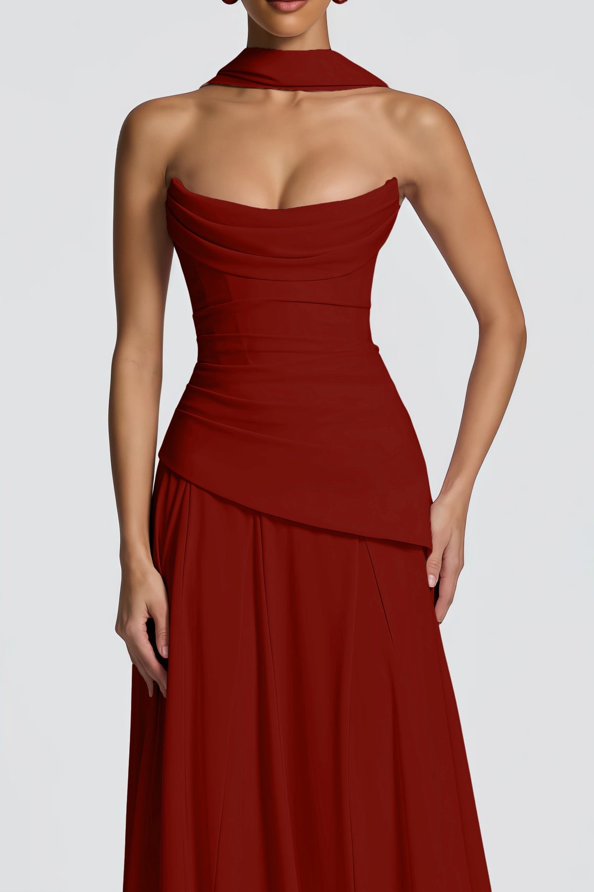 Romane Burgundy Strapless Corset Chiffon Maxi Dress