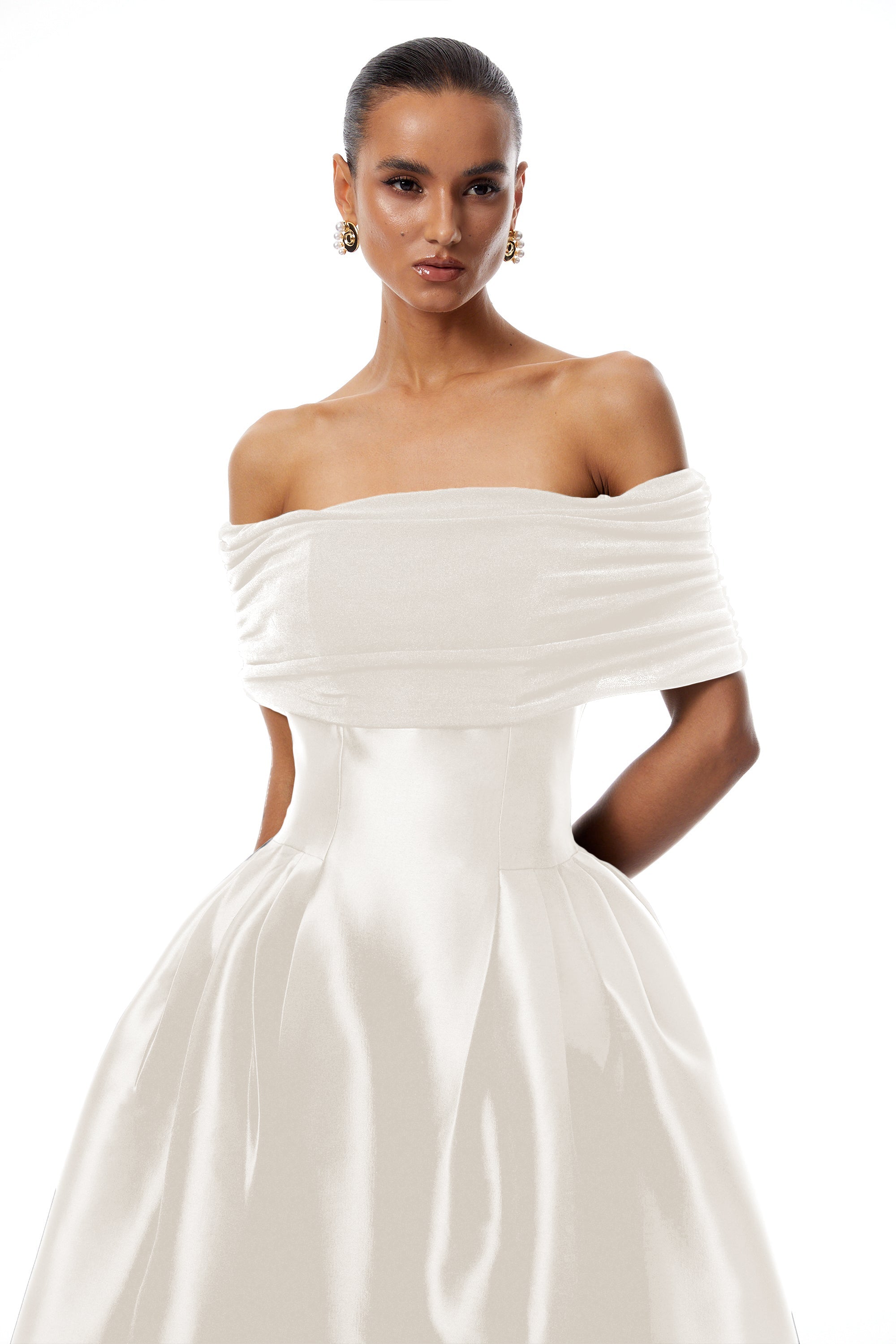 Ainara White Off Shoulder Polished Midi Dress (Final Sale-US Only)