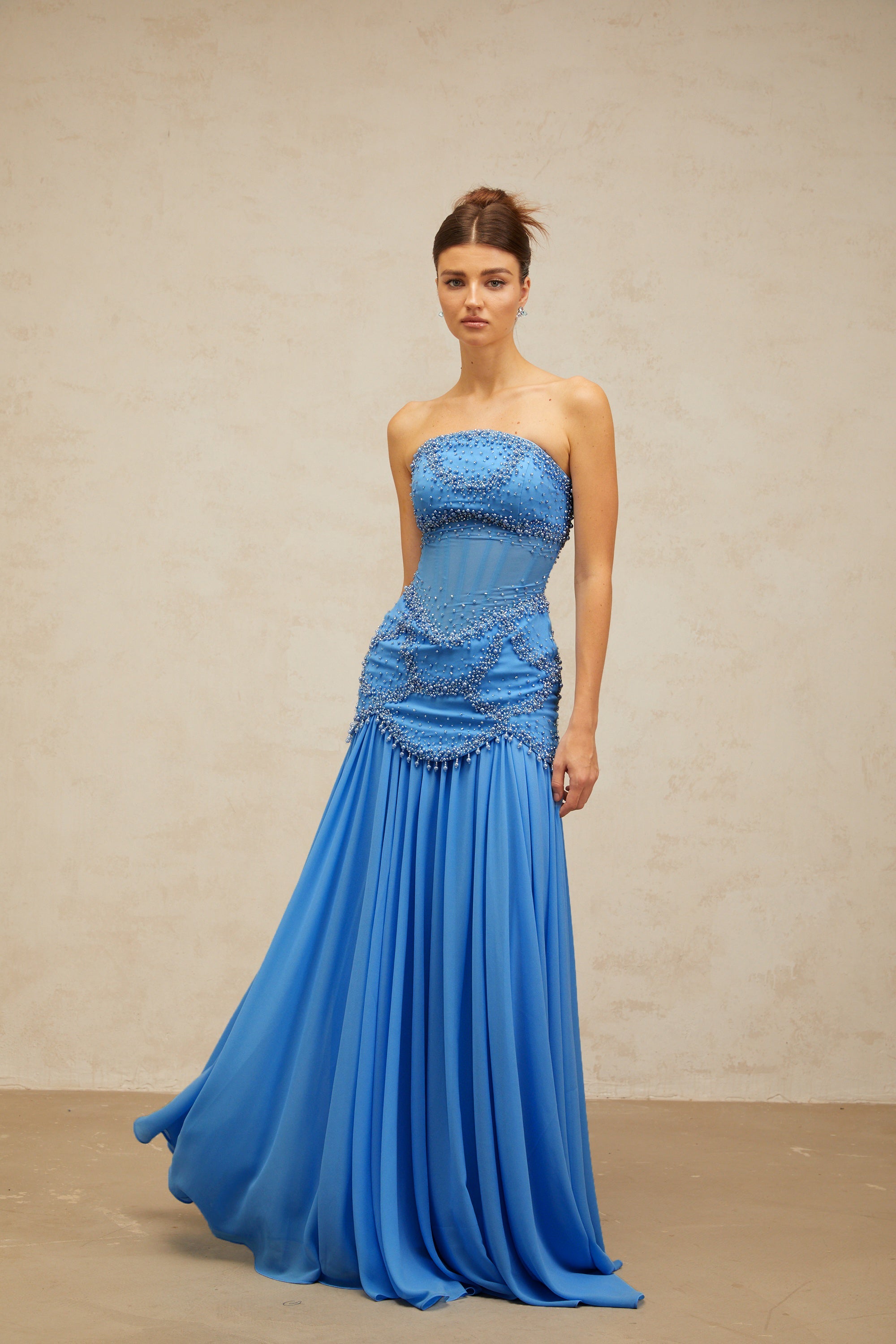 Gaëlle blue faux-pearl-embellished pleated maxi dress