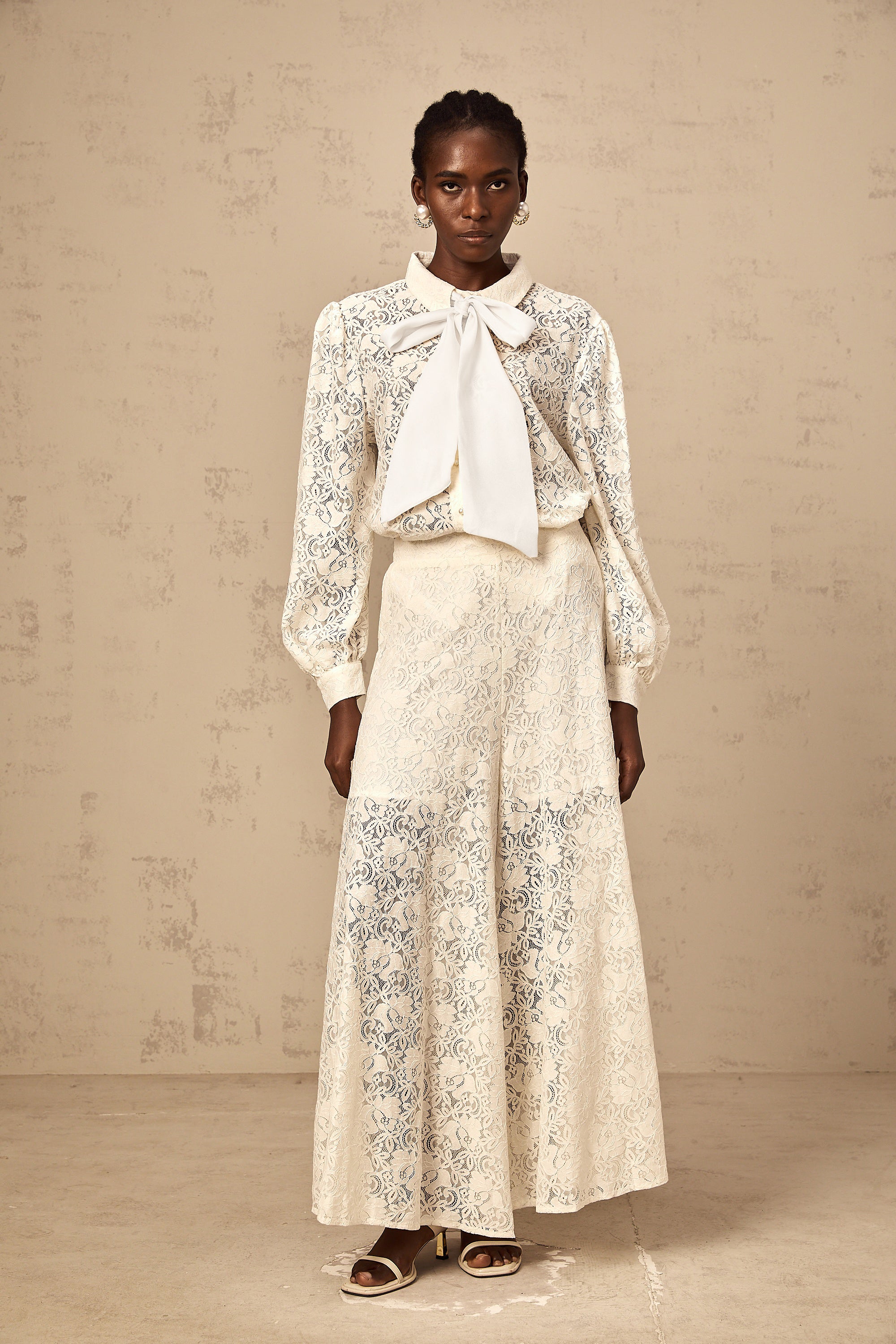 Vanessa white guipure-lace shirt & trousers matching set (Final Sale-US Only)