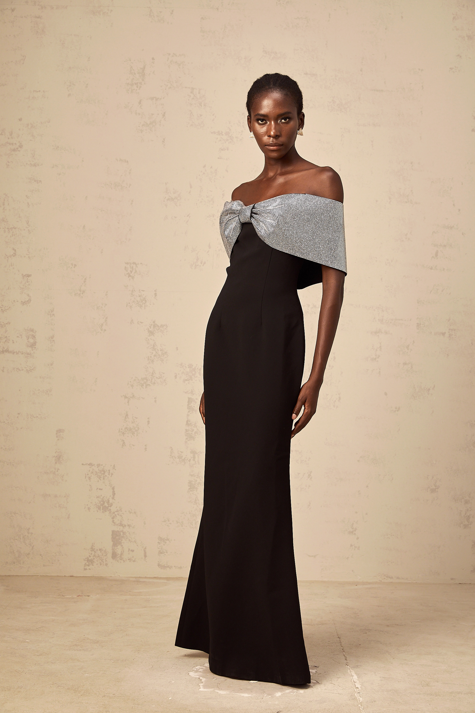 Chloé black rhinestone-bow off-shoulder maxi dress