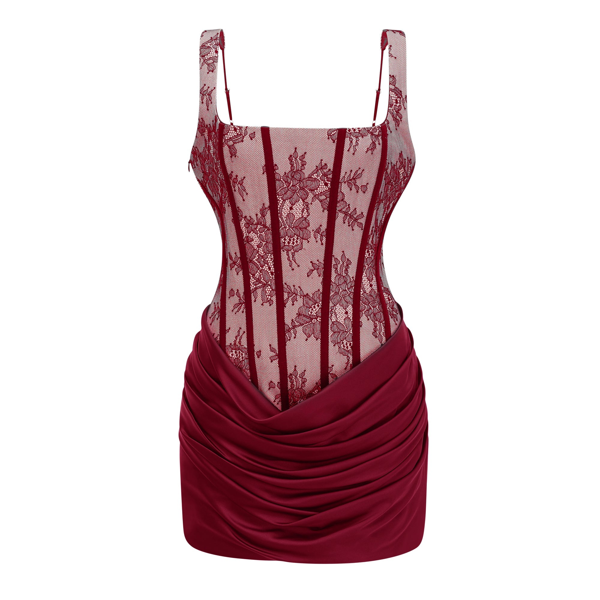 Olesya Red Ruched Mini Dress with Lace Panels
