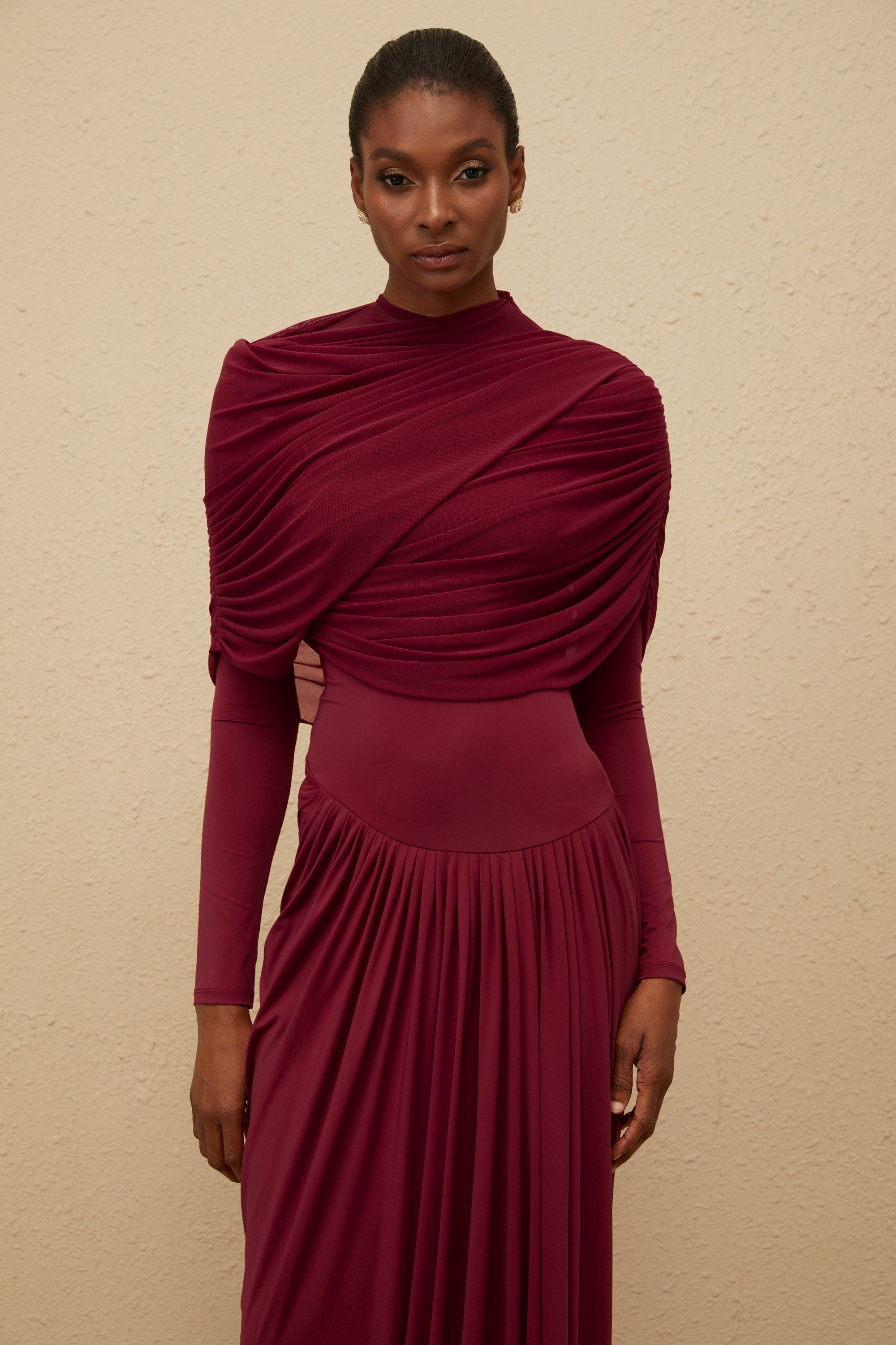 Catherine Red Asymmetrical Pleated Long-Sleeve Maxi Dress