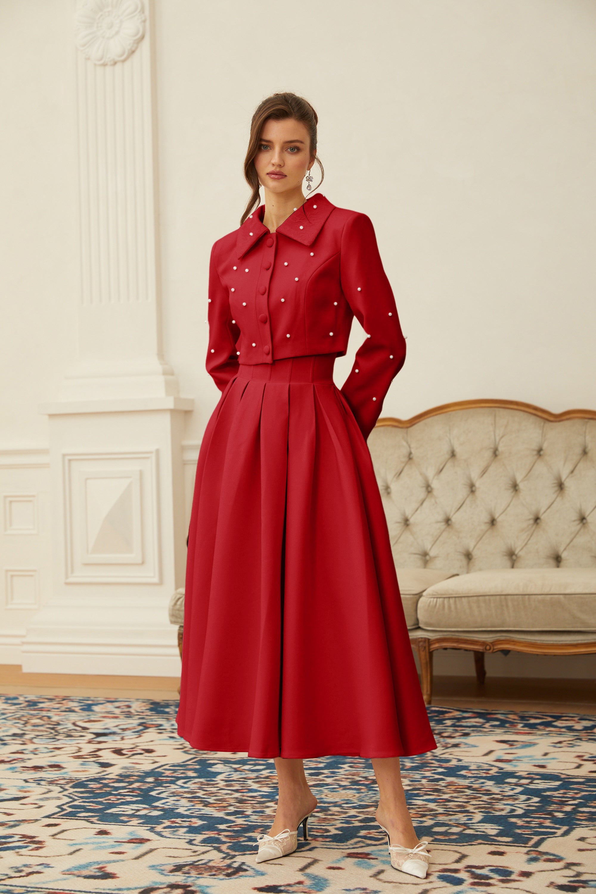 Maja Red Faux Pearl Jacket & Pleated Skirt Set