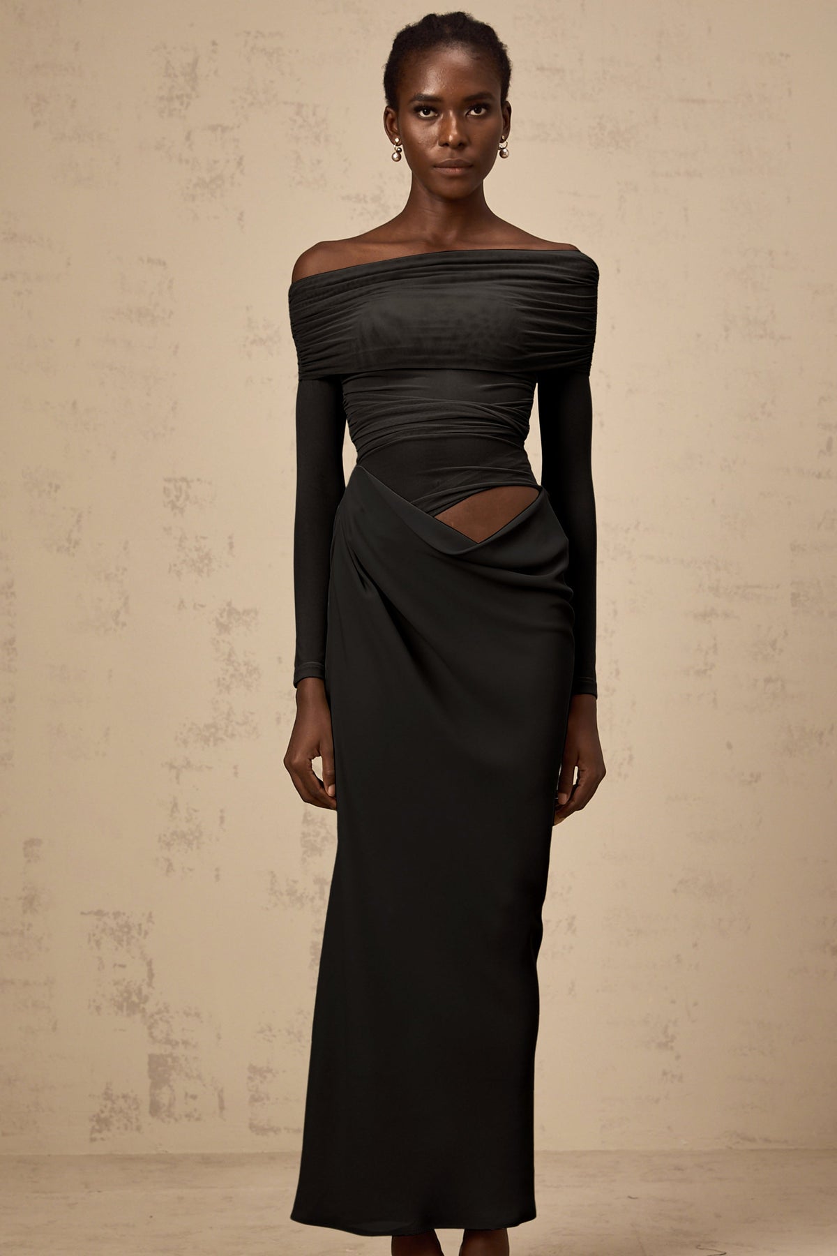 Estelle off-shoulder semi-sheer midi dress in Black