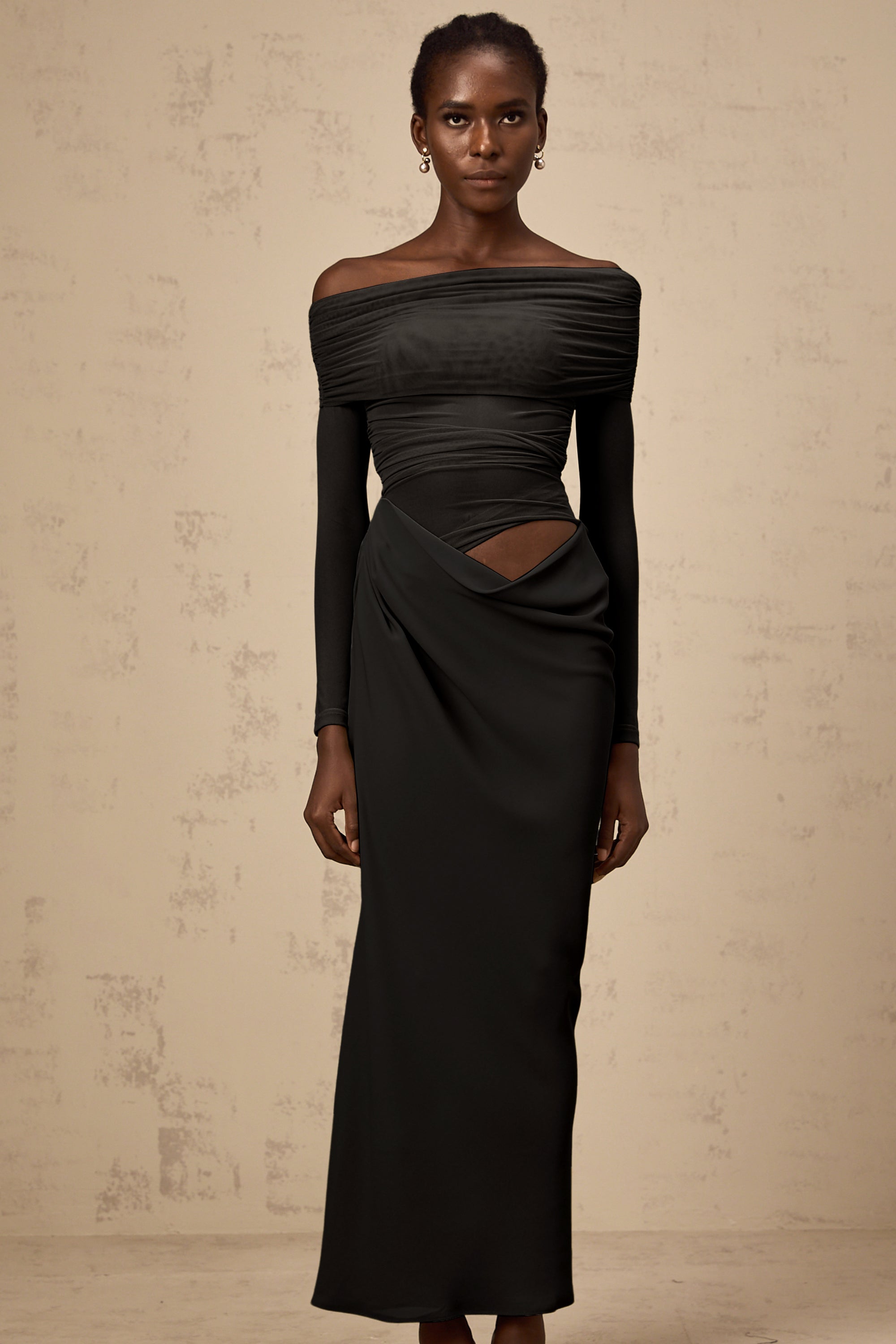 Estelle off-shoulder semi-sheer midi dress in Black (Final Sale)