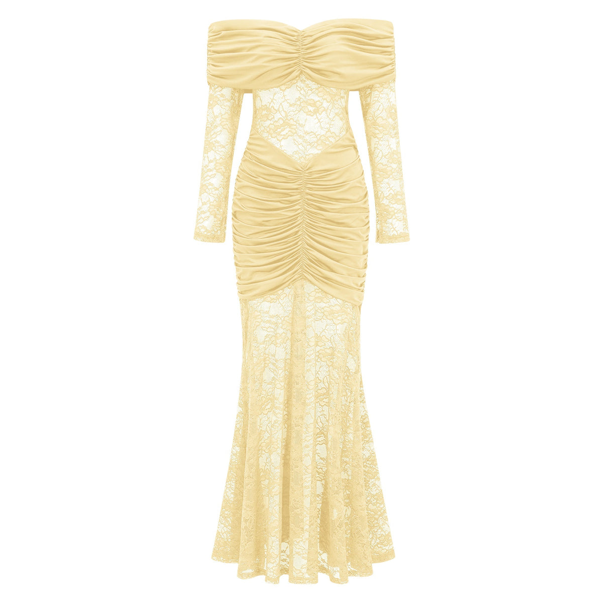 Brigitte Yellow Lace Panel Ruched Maxi Dress (Final Sale-US Only)