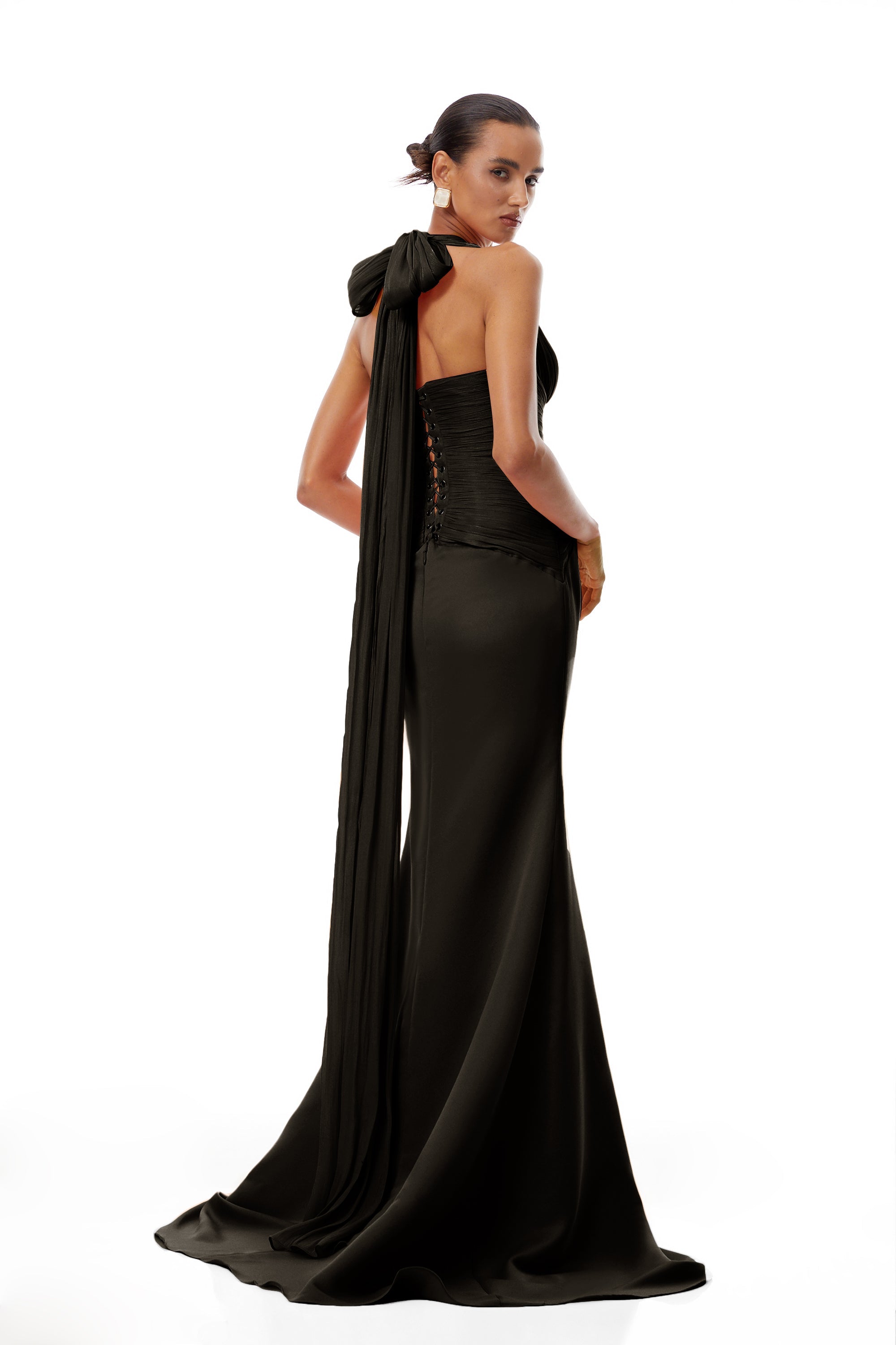 Emmeline Black Train Design Gathered Maxi Dress