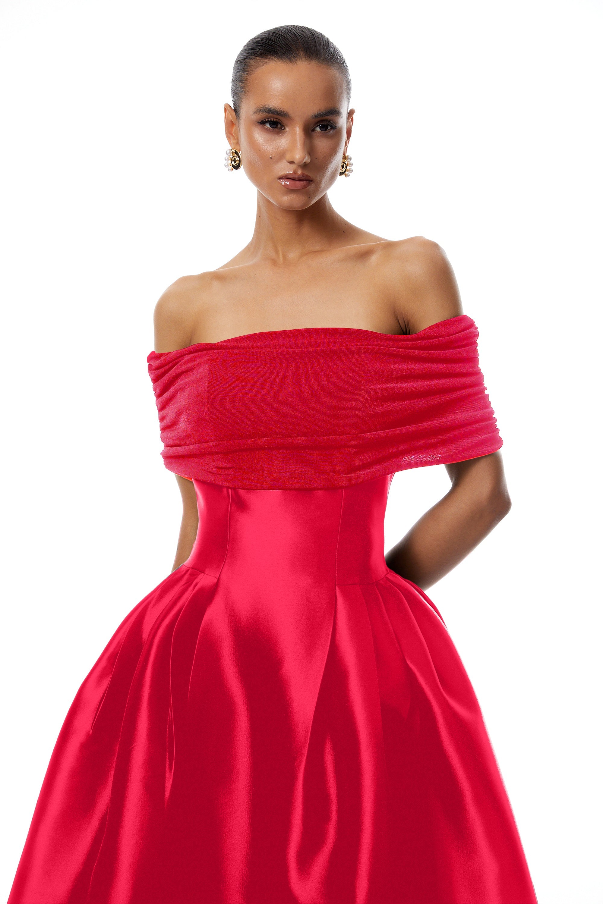 Ainara Red Off Shoulder Polished Midi Dress (Final Sale-US Only)