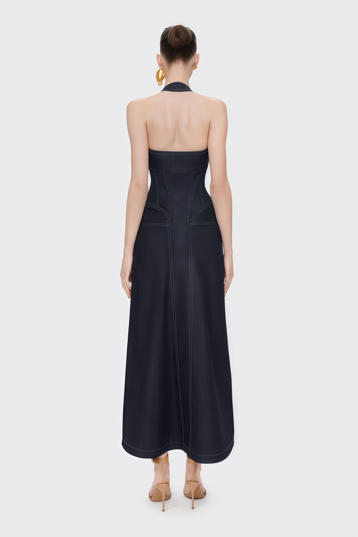 Adrienne black denim front-slit contrast-stitching maxi dress (Final Sale)