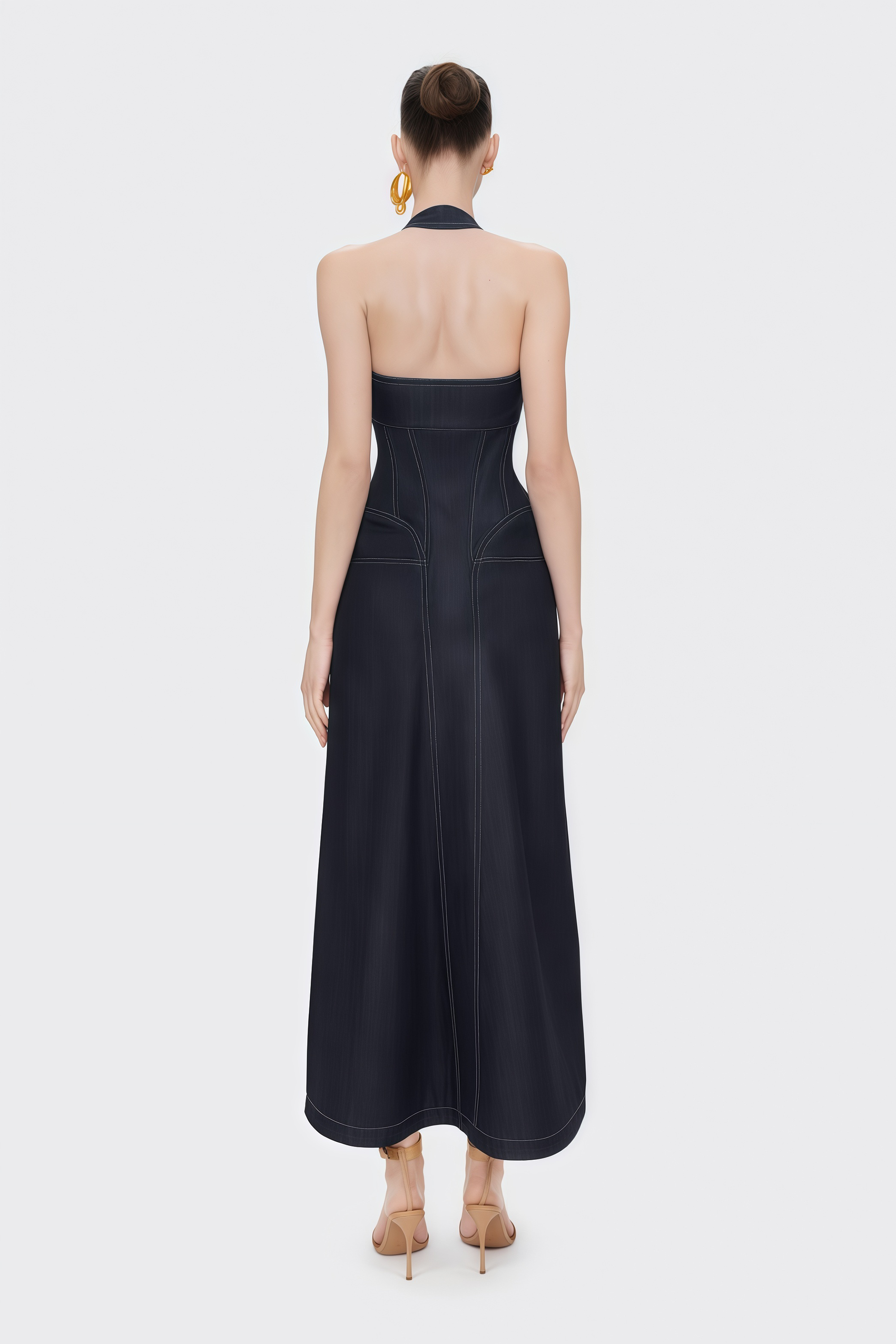 Adrienne black denim front-slit contrast-stitching maxi dress (Final Sale-US Only)