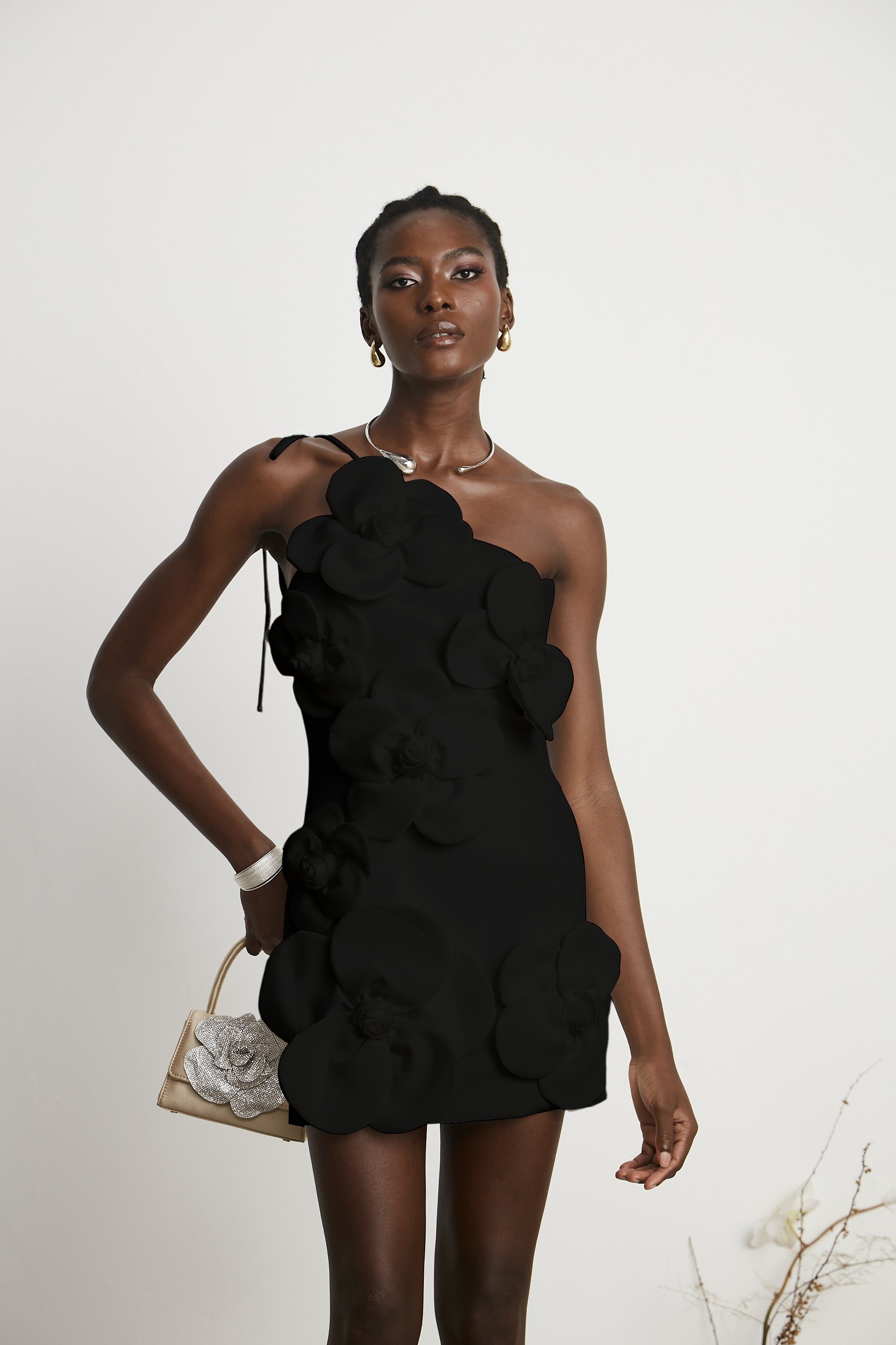 Liane floral off-shoulder mini dress in Black