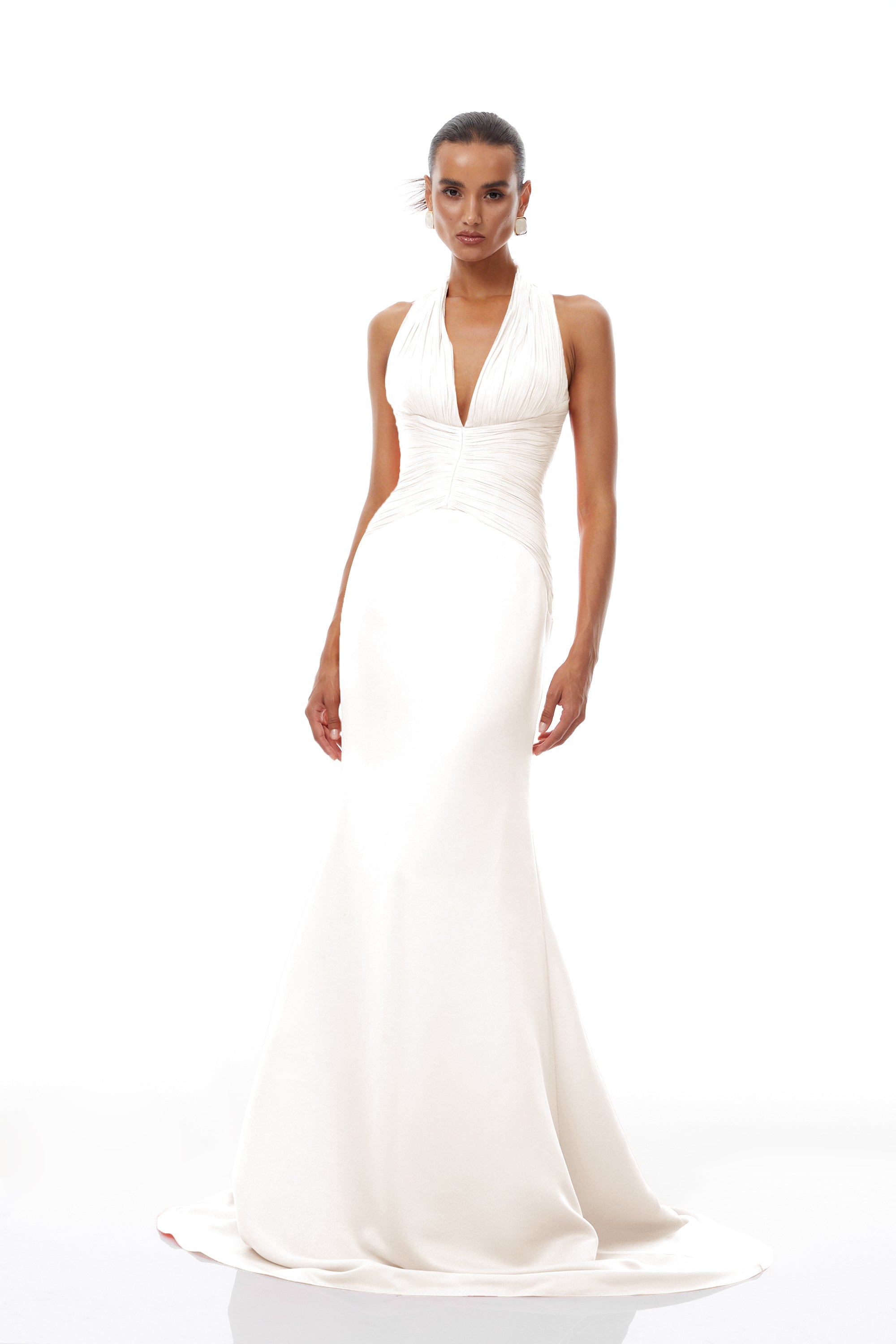 Emmeline White Train Design Gathered Maxi Dress