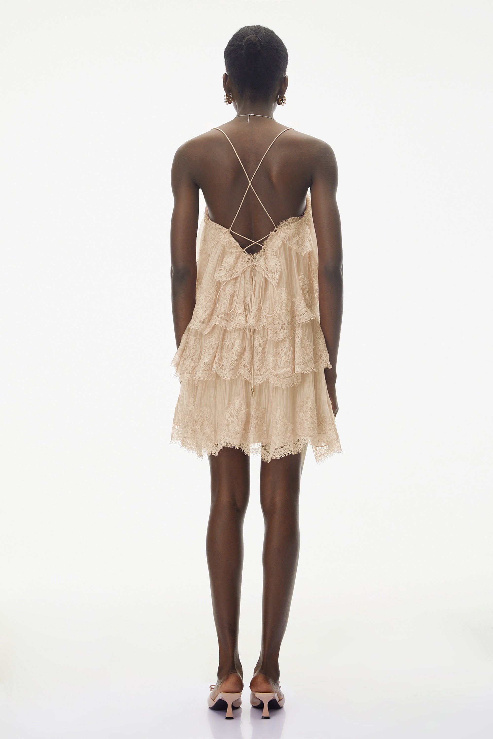 Rachel Beige Tiered Mini Dress with Lace Trim