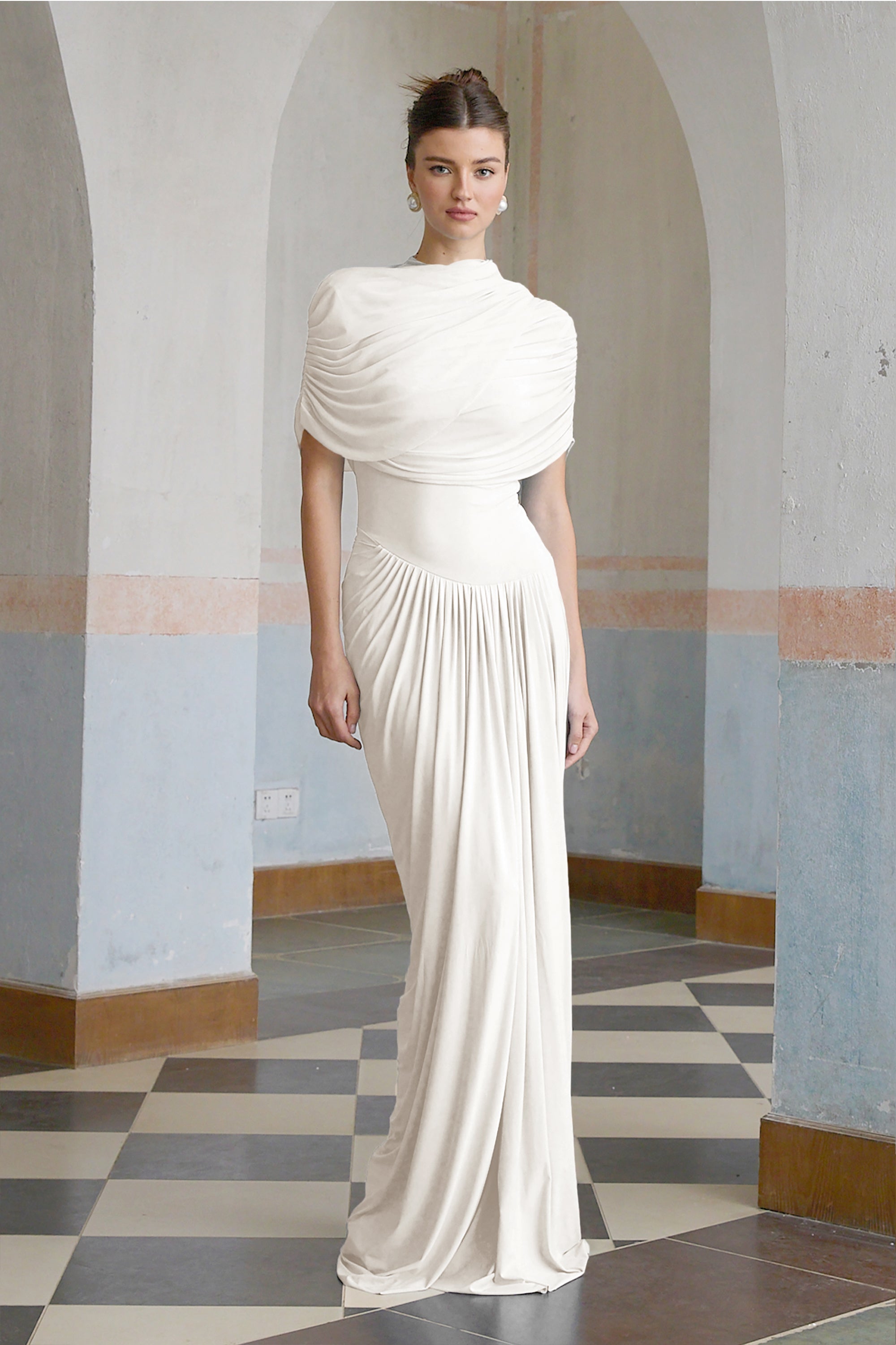 Catherine asymmetric pleated maxi dress in White
