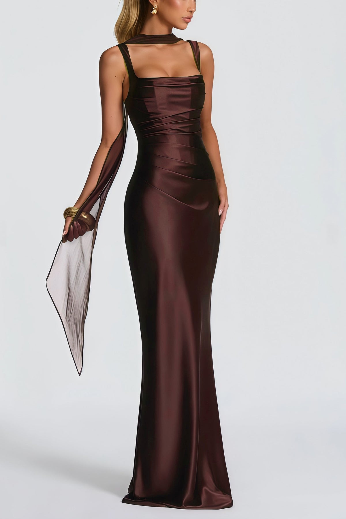 Inmaculada Brown Ruched Satin Maxi Dress (Without Gloves) (Final Sale-US Only)