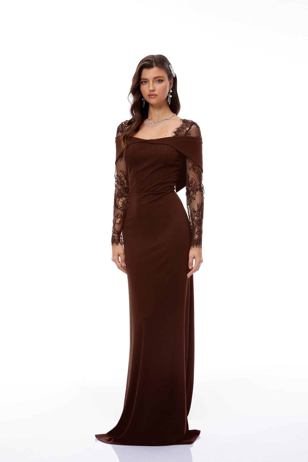 Georgiana Brown Lace Panel Flared Maxi Gown (Final Sale-US Only)