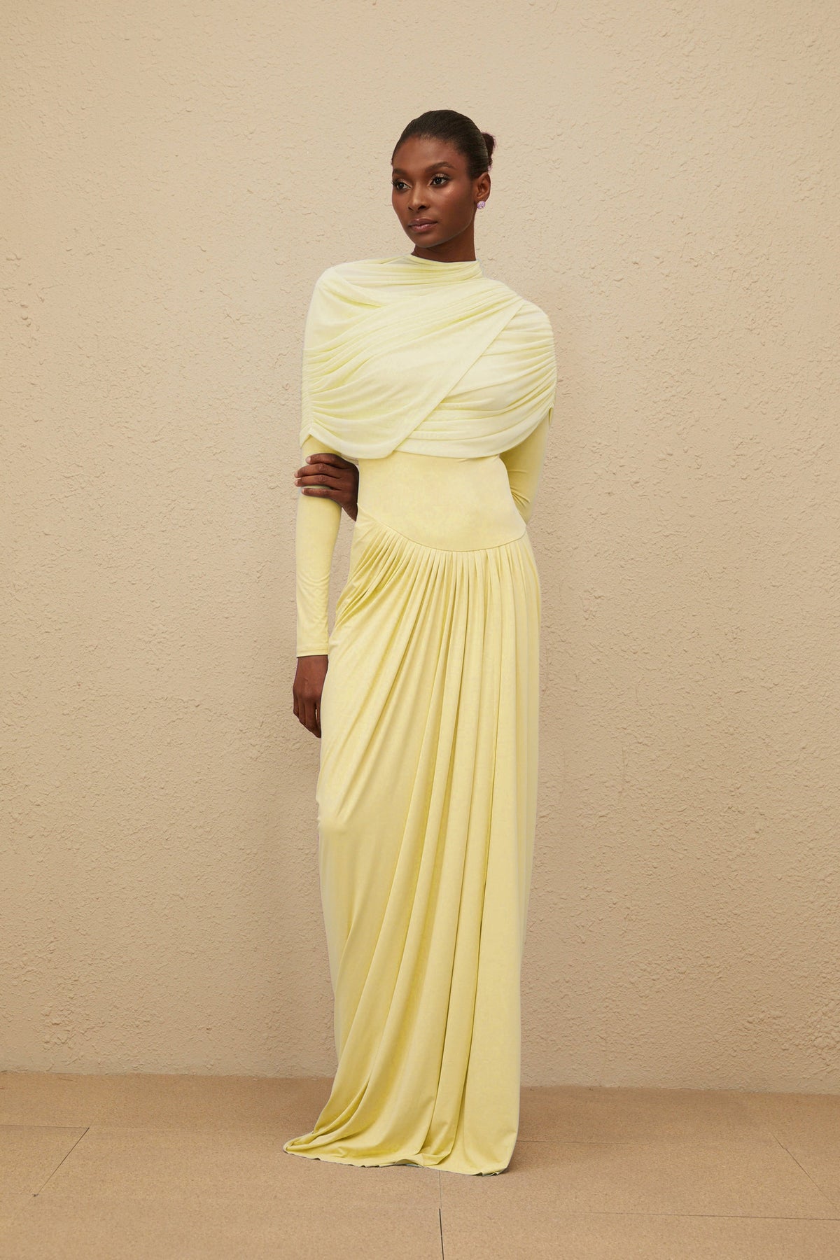 Catherine Yellow Asymmetrical Pleated Long-Sleeve Maxi Dress
