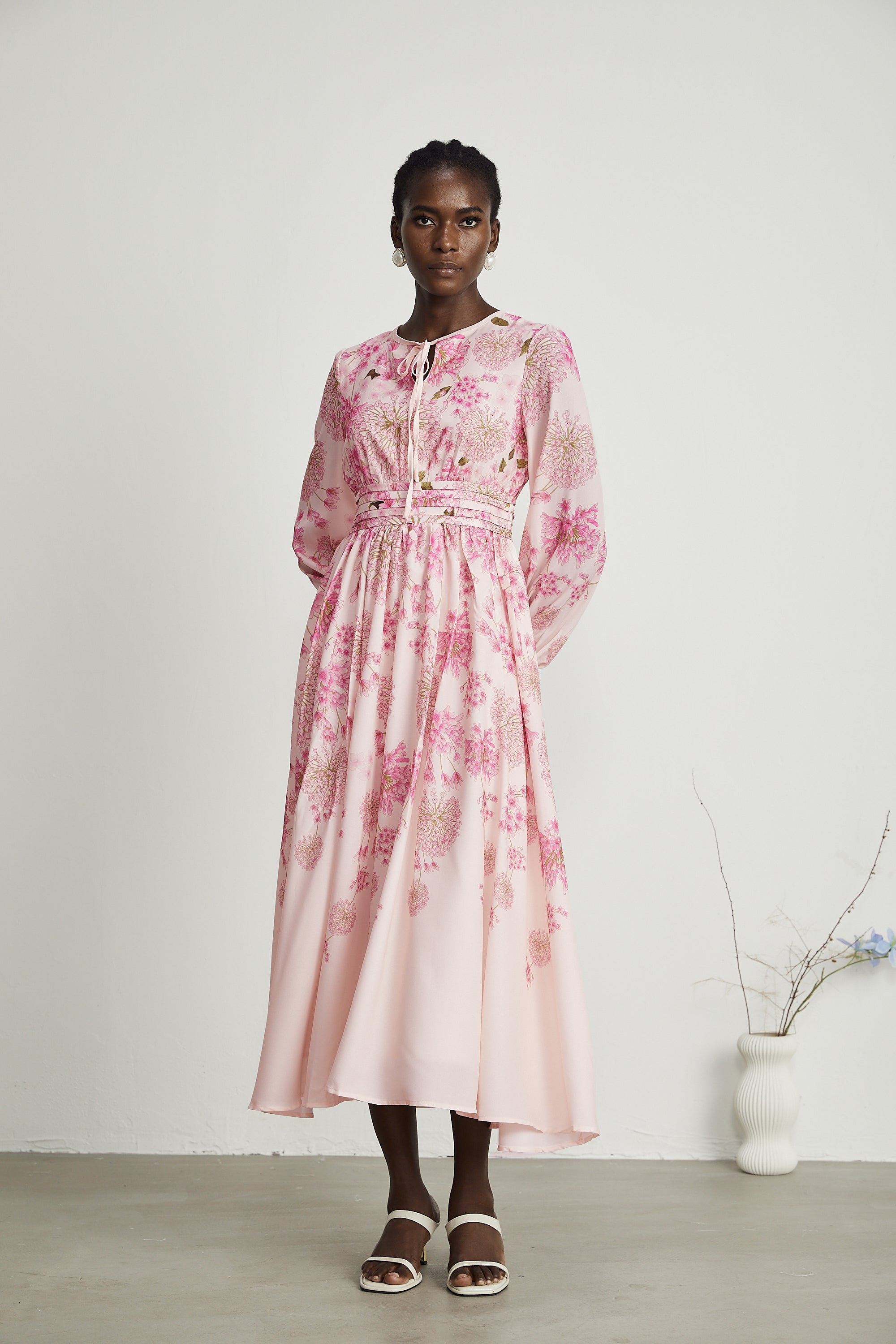 Yvette pink floral-print midi dress