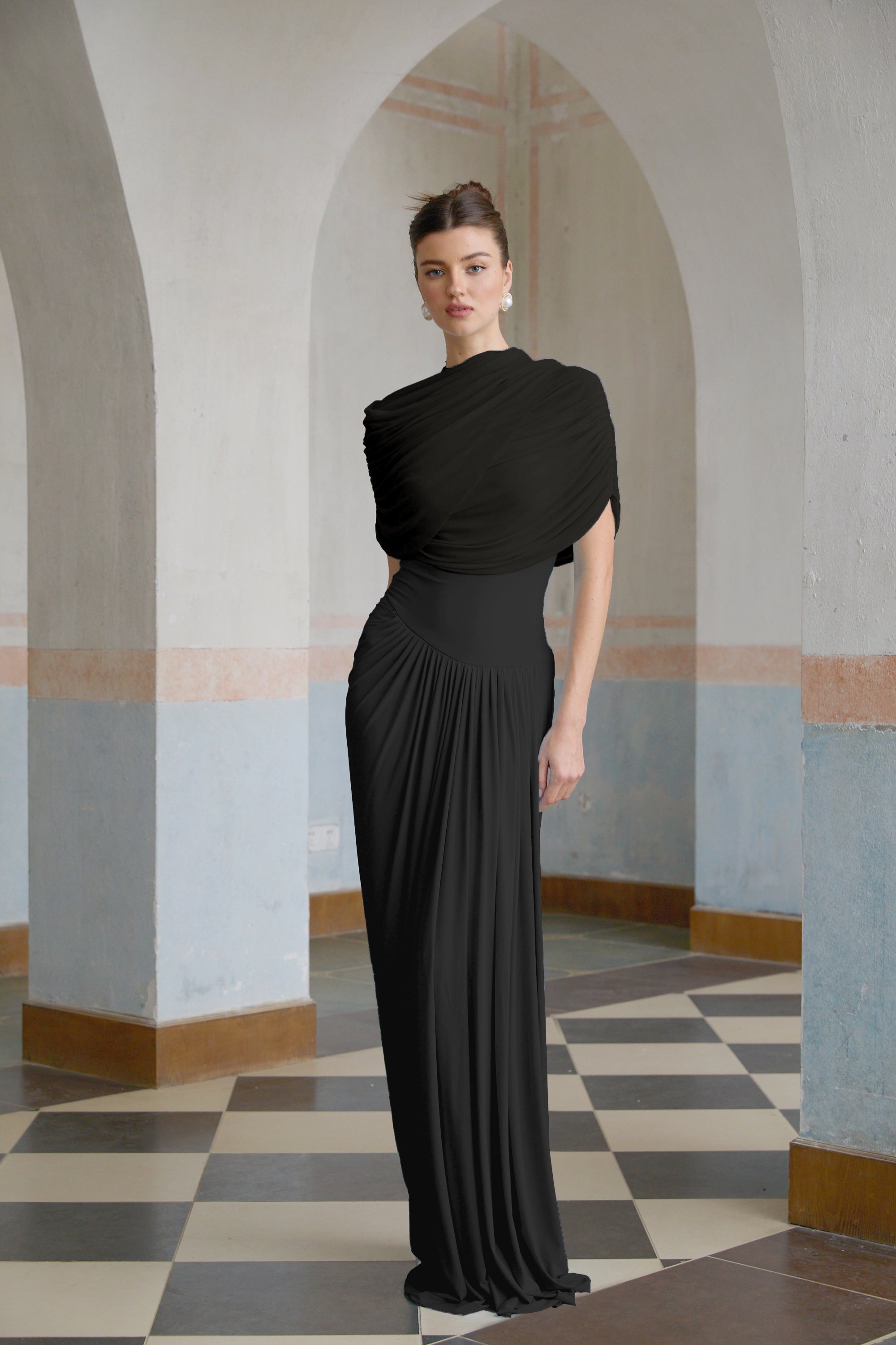 Catherine asymmetric pleated maxi dress in Black
