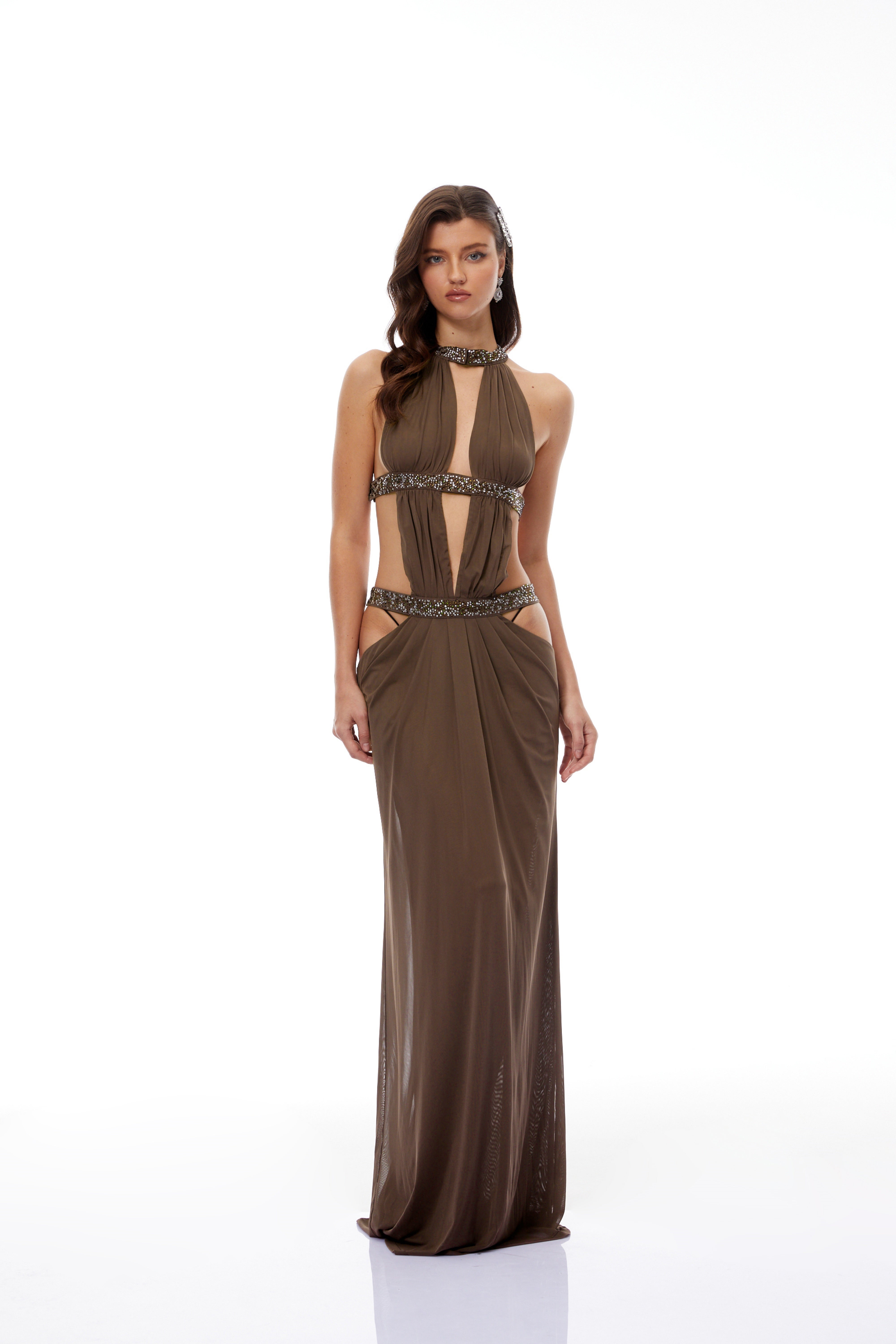 Maëlle Brown Cut-out Ruched Maxi Dress (Final Sale)