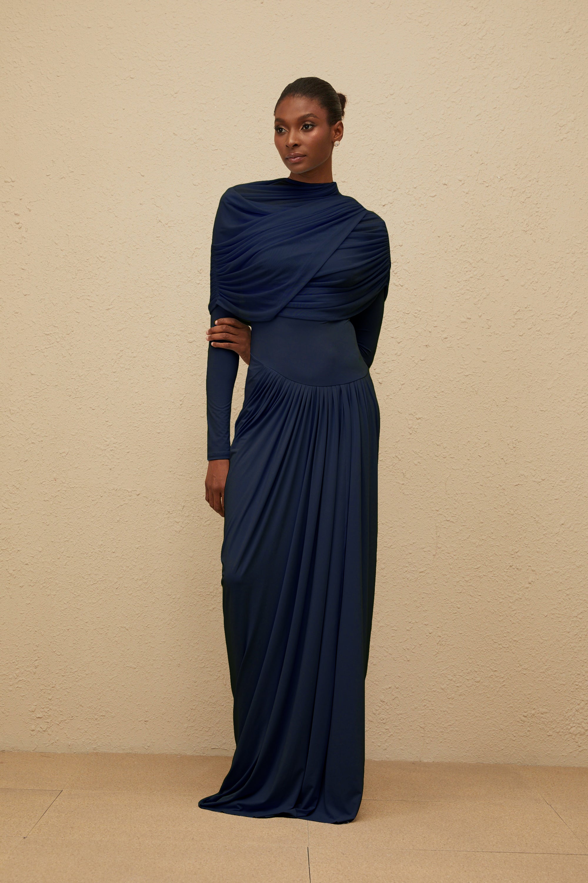 Catherine Navy-Blue Asymmetrical Pleated Long-Sleeve Maxi Dress