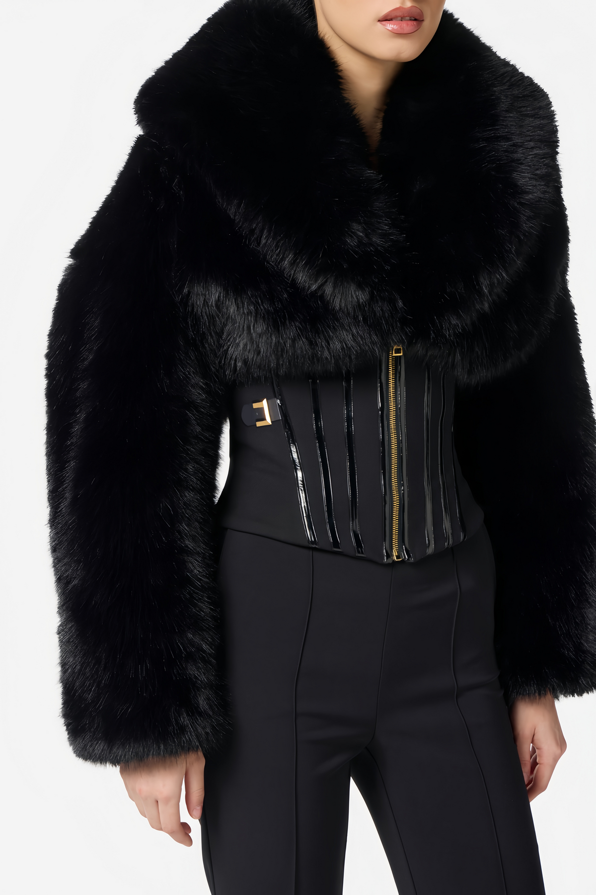 Alberta Black Faux-Fur Corset Panel Jacket