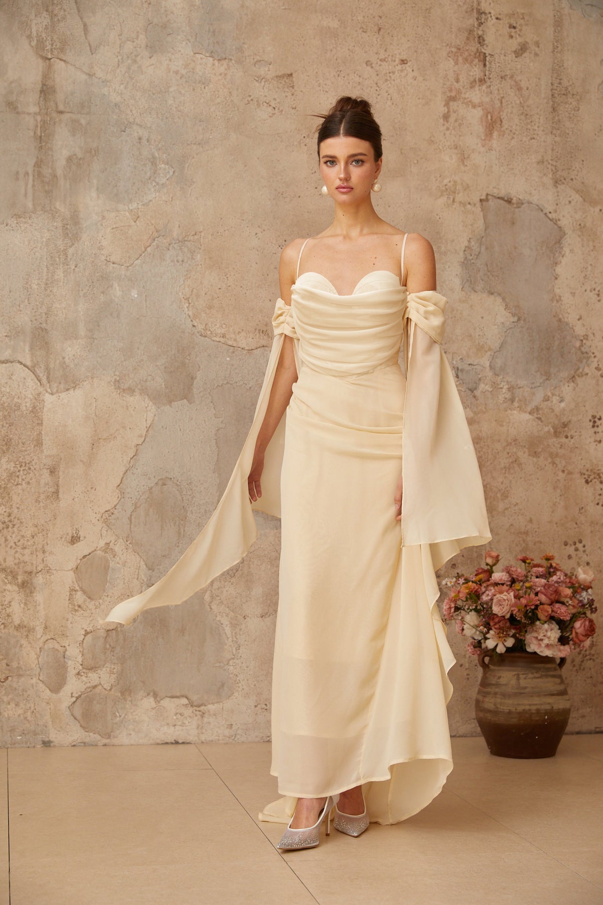 Mélusine Neutral Ruched Chiffon Maxi Dress (Final Sale-US Only)
