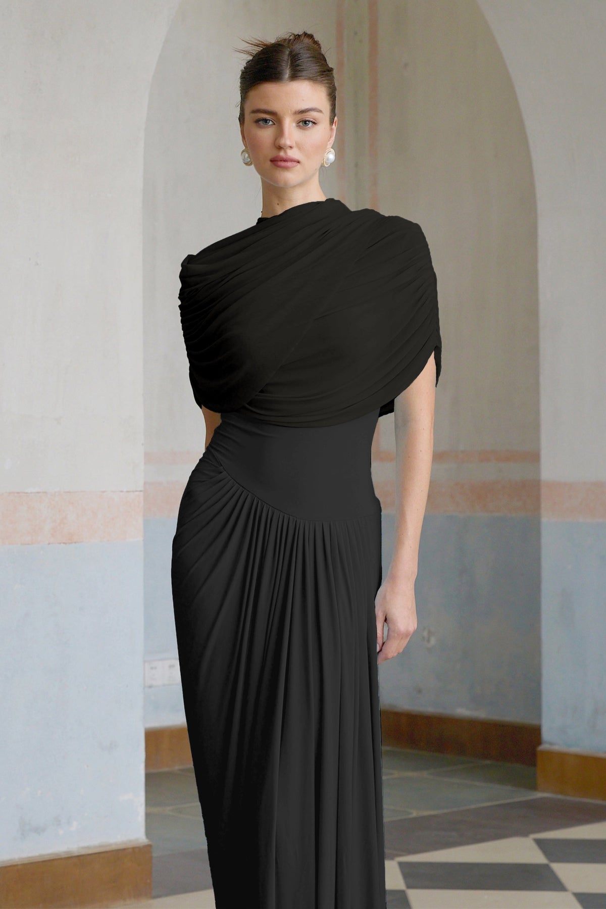 catherine asymmetrical pleated maxi dress in black