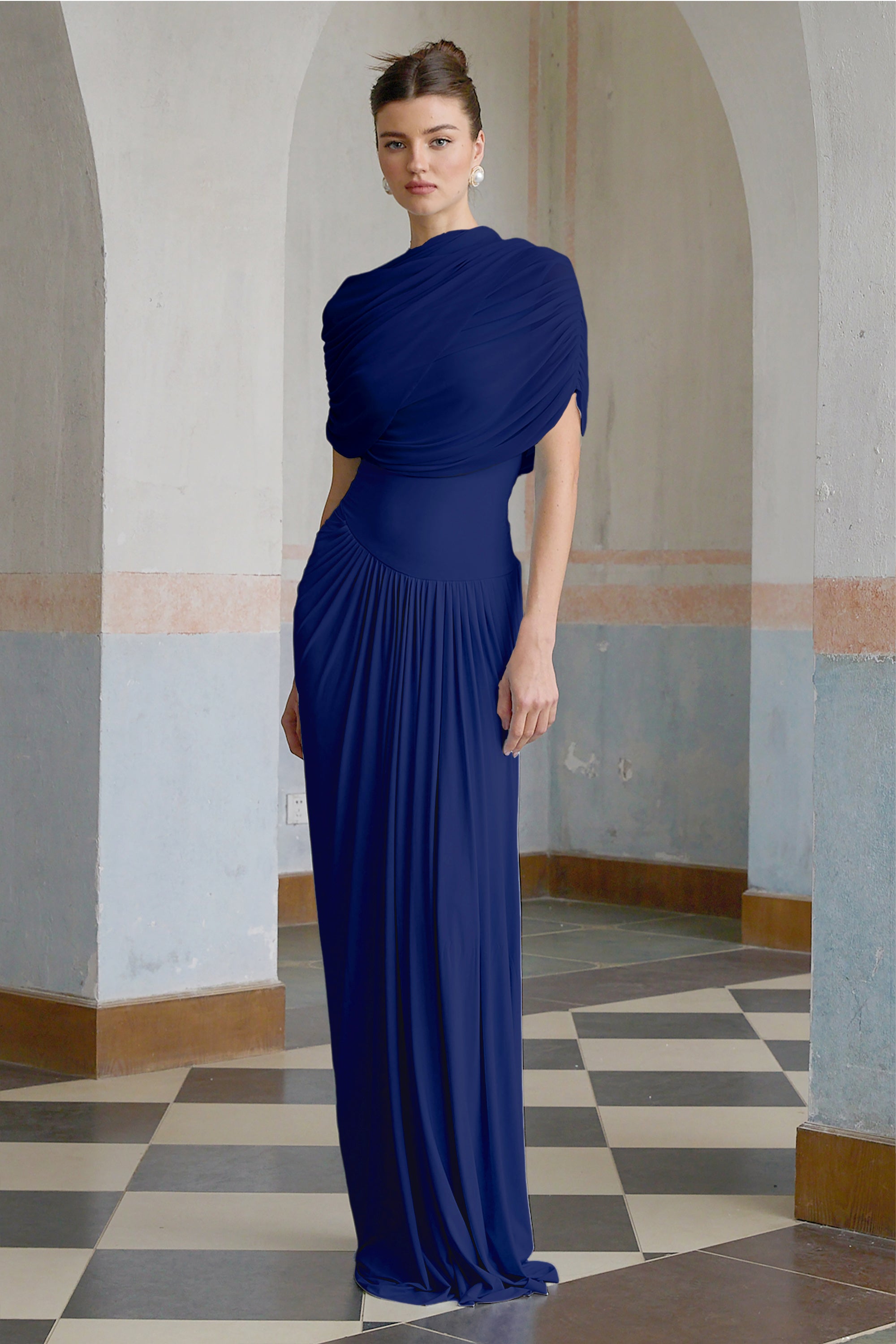 Catherine asymmetric pleated maxi dress in Navy-blue