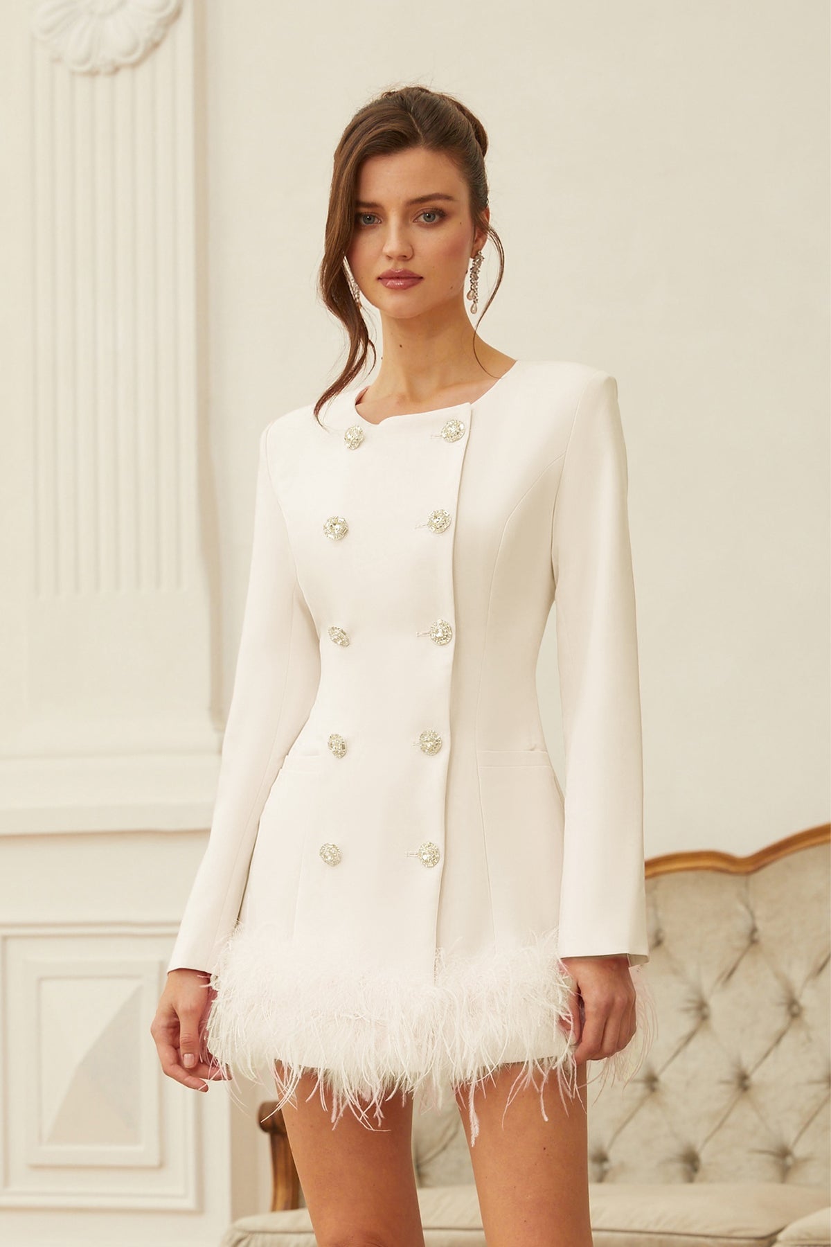 Freja White Feather Trim Mini Blazer Dress (Final Sale-US Only)