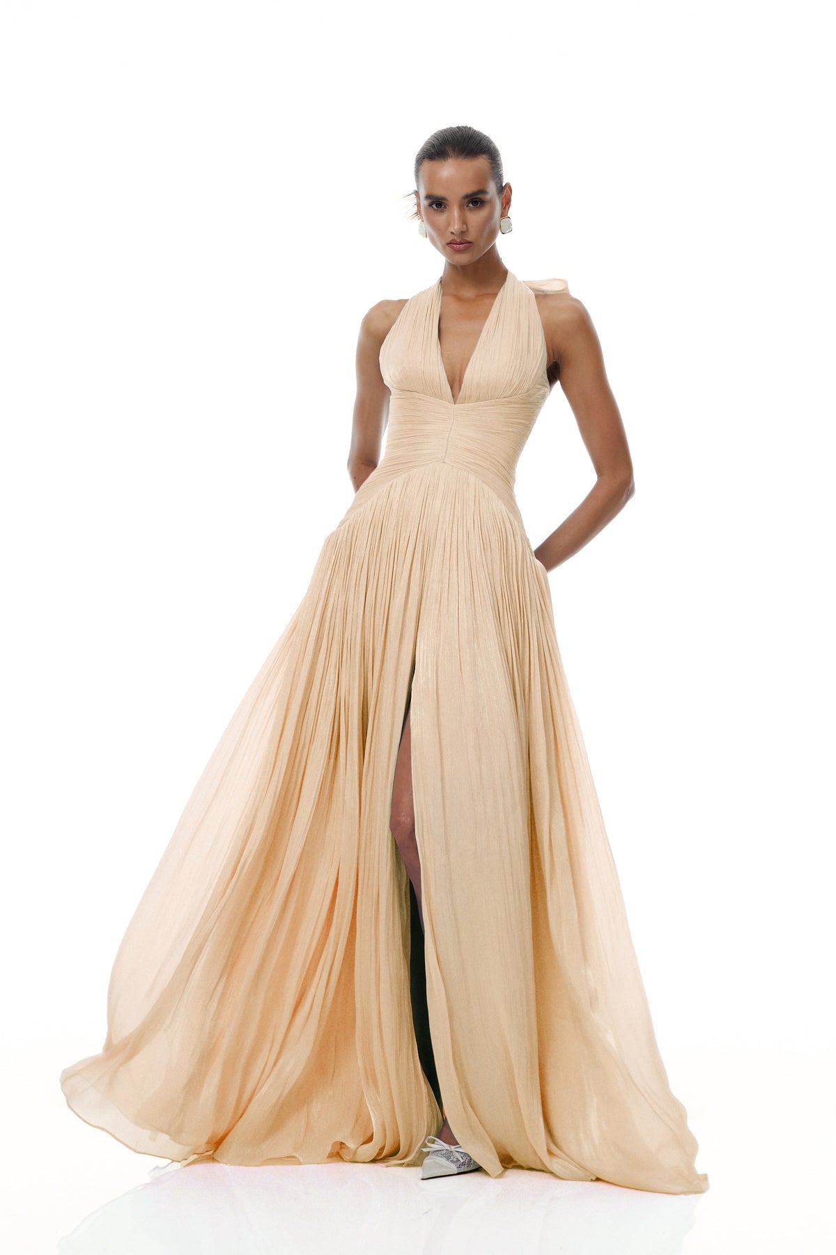 Térébenthine Neutral Glossy Gathered Maxi Dress (Final Sale-US Only)