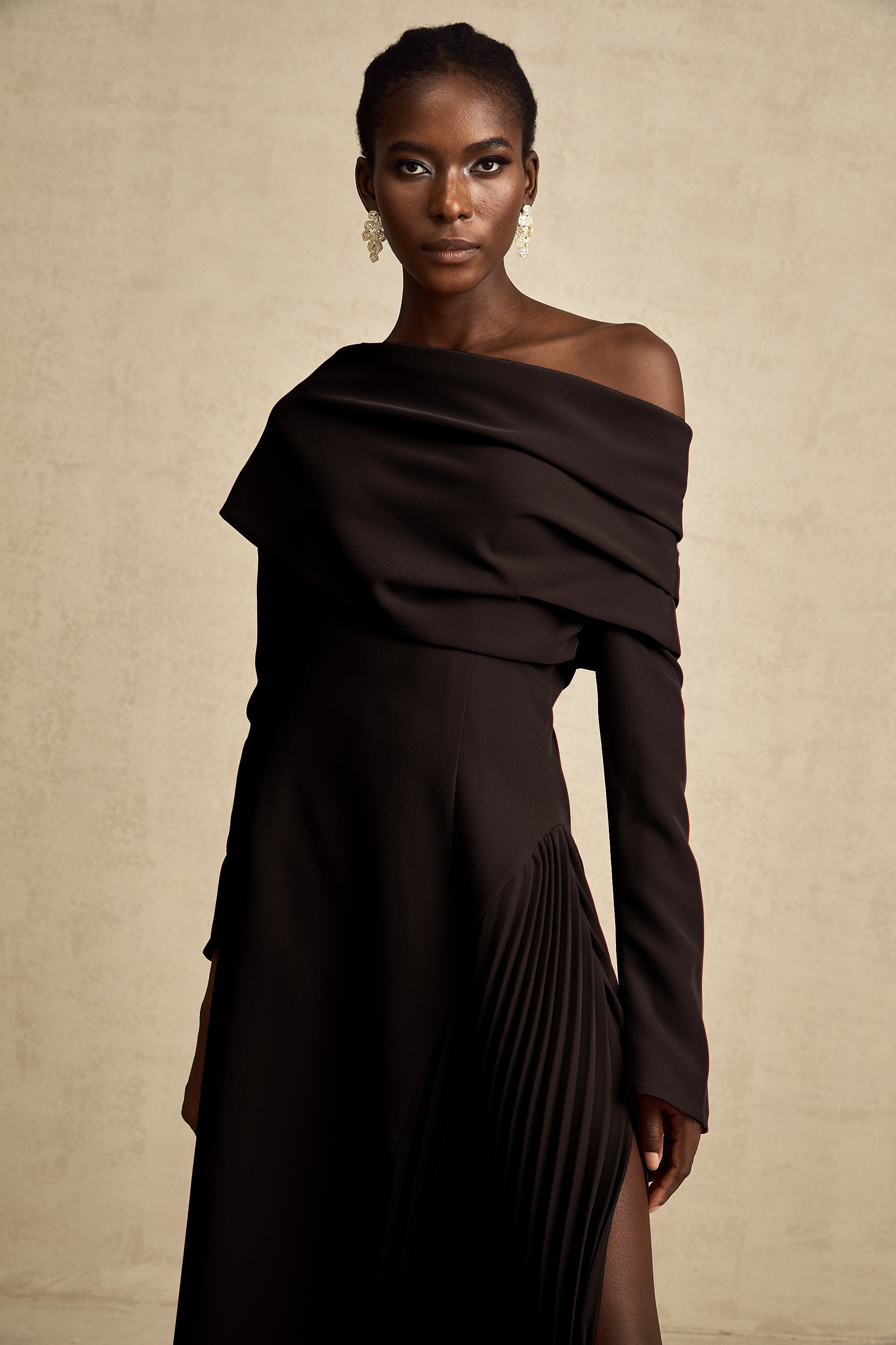 Valentine high-slit pleated maxi dress in Black (US Only)