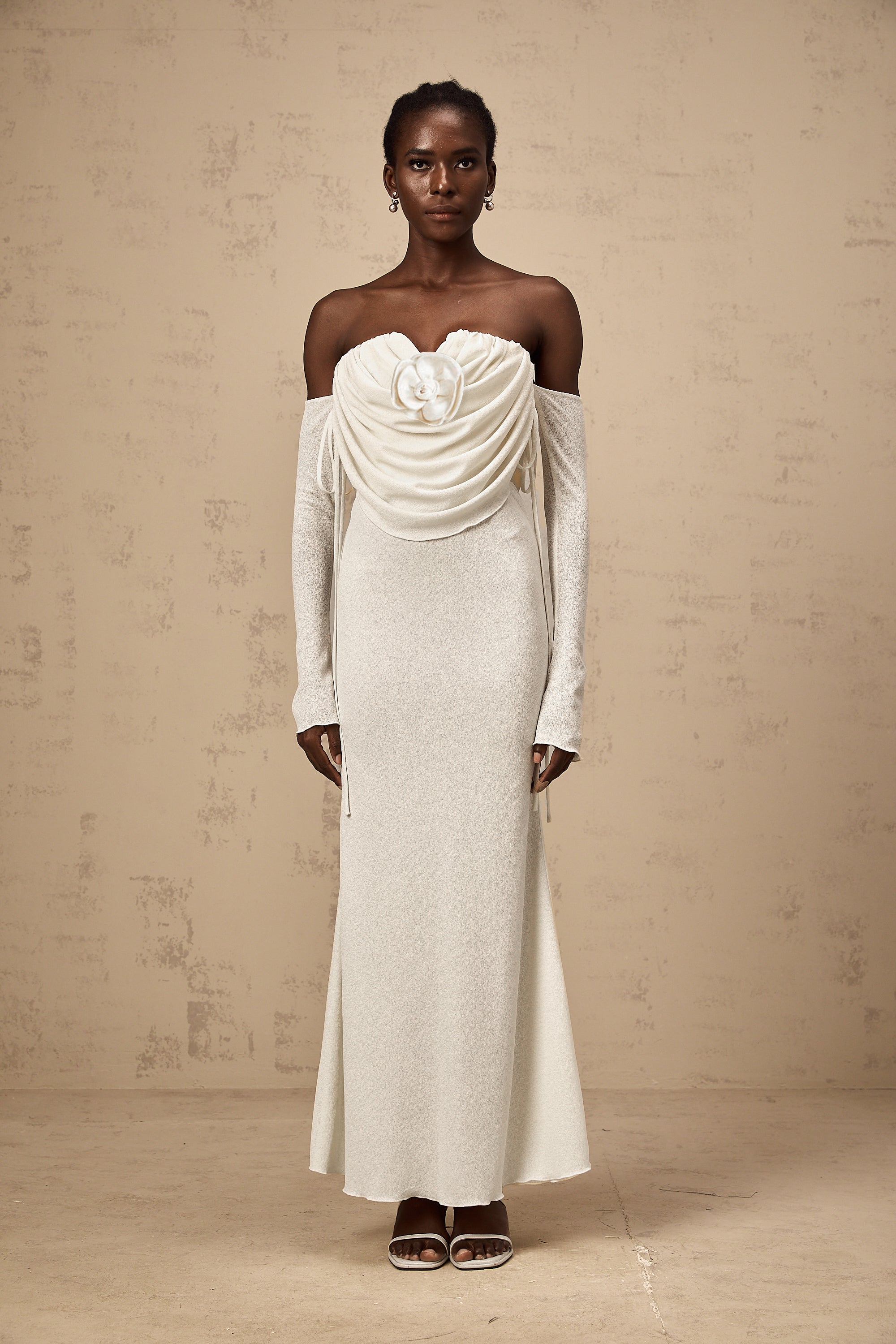 Julia floral-appliqué ruched strapless maxi dress