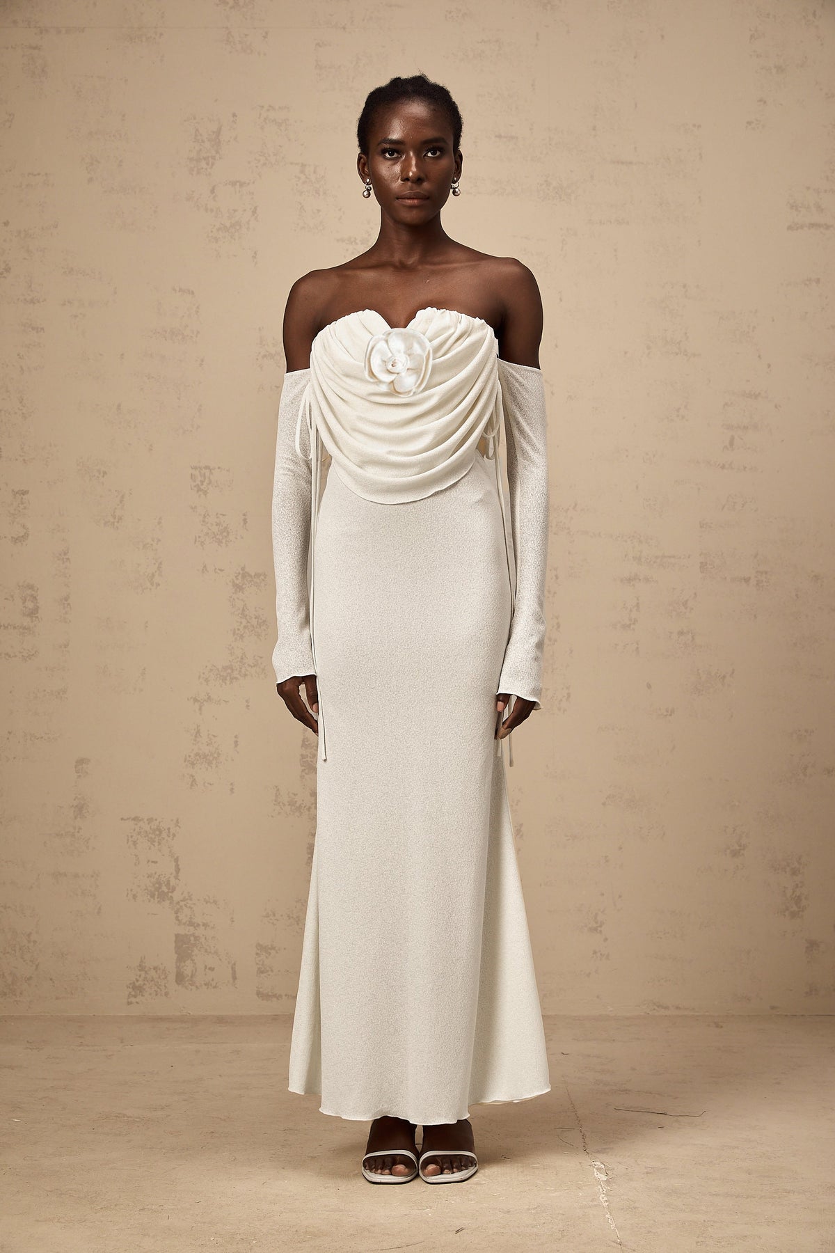 Julia floral-appliqué ruched strapless maxi dress