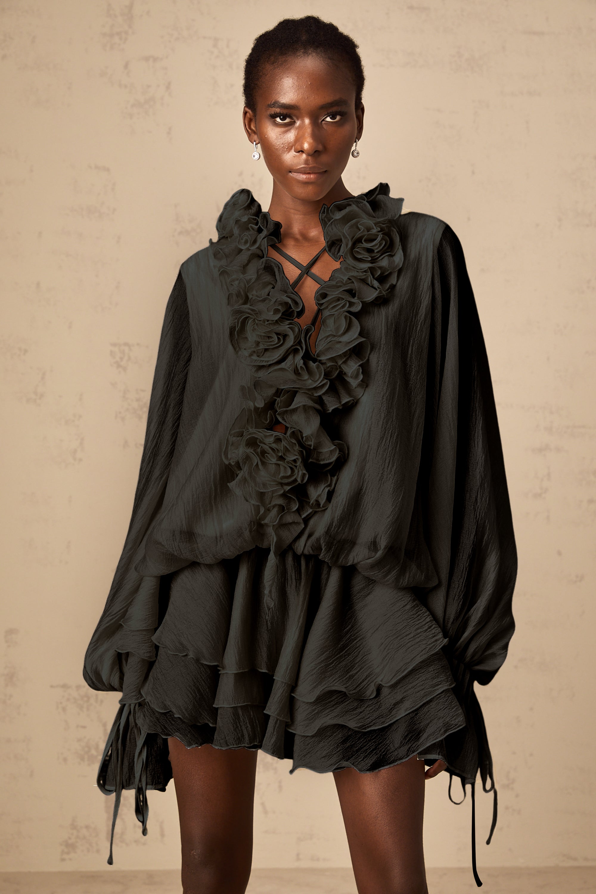 Zéphyrine floral-appliqué tiered mini dress in Black (Final Sale-US Only)
