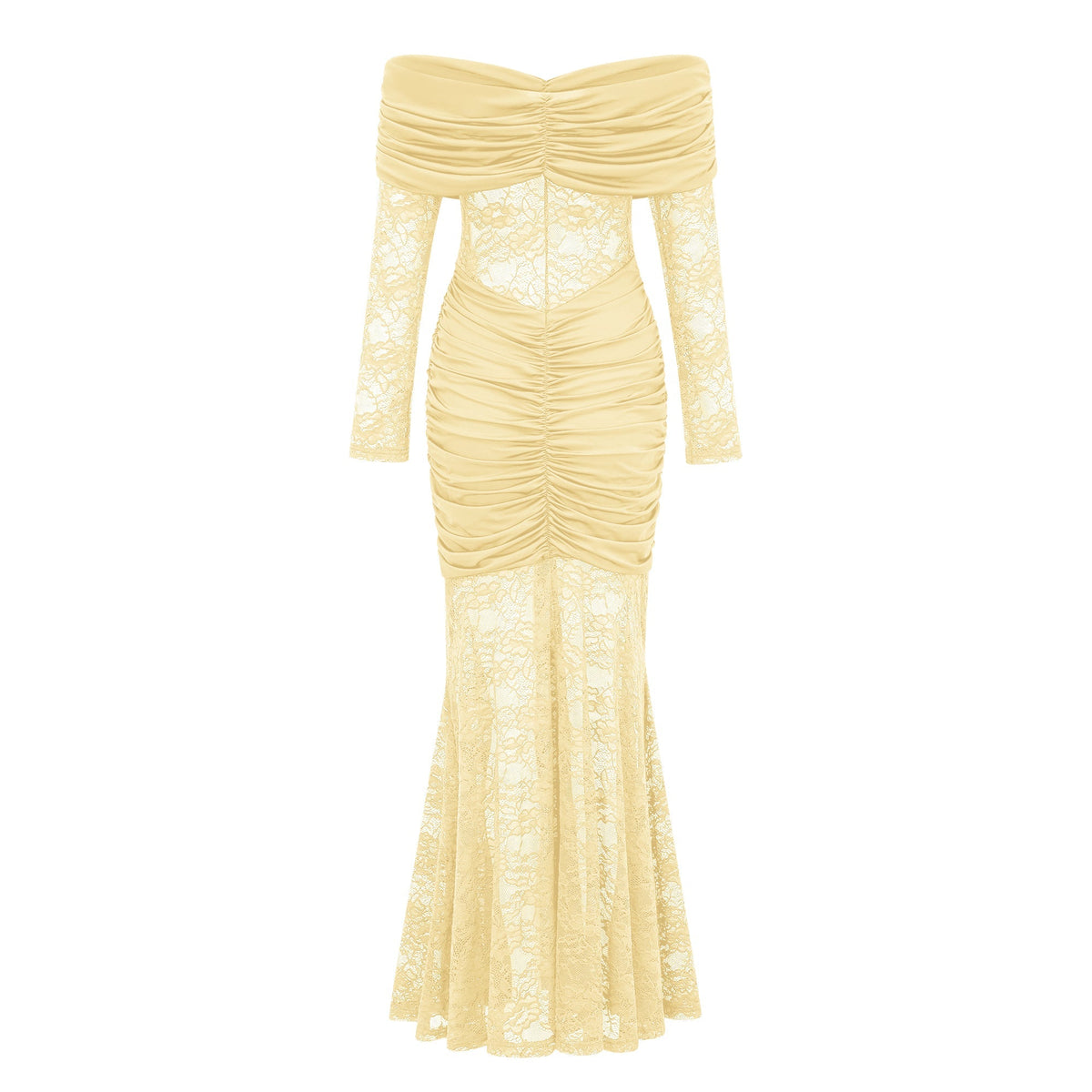 Brigitte Yellow Lace Panel Ruched Maxi Dress (Final Sale-US Only)