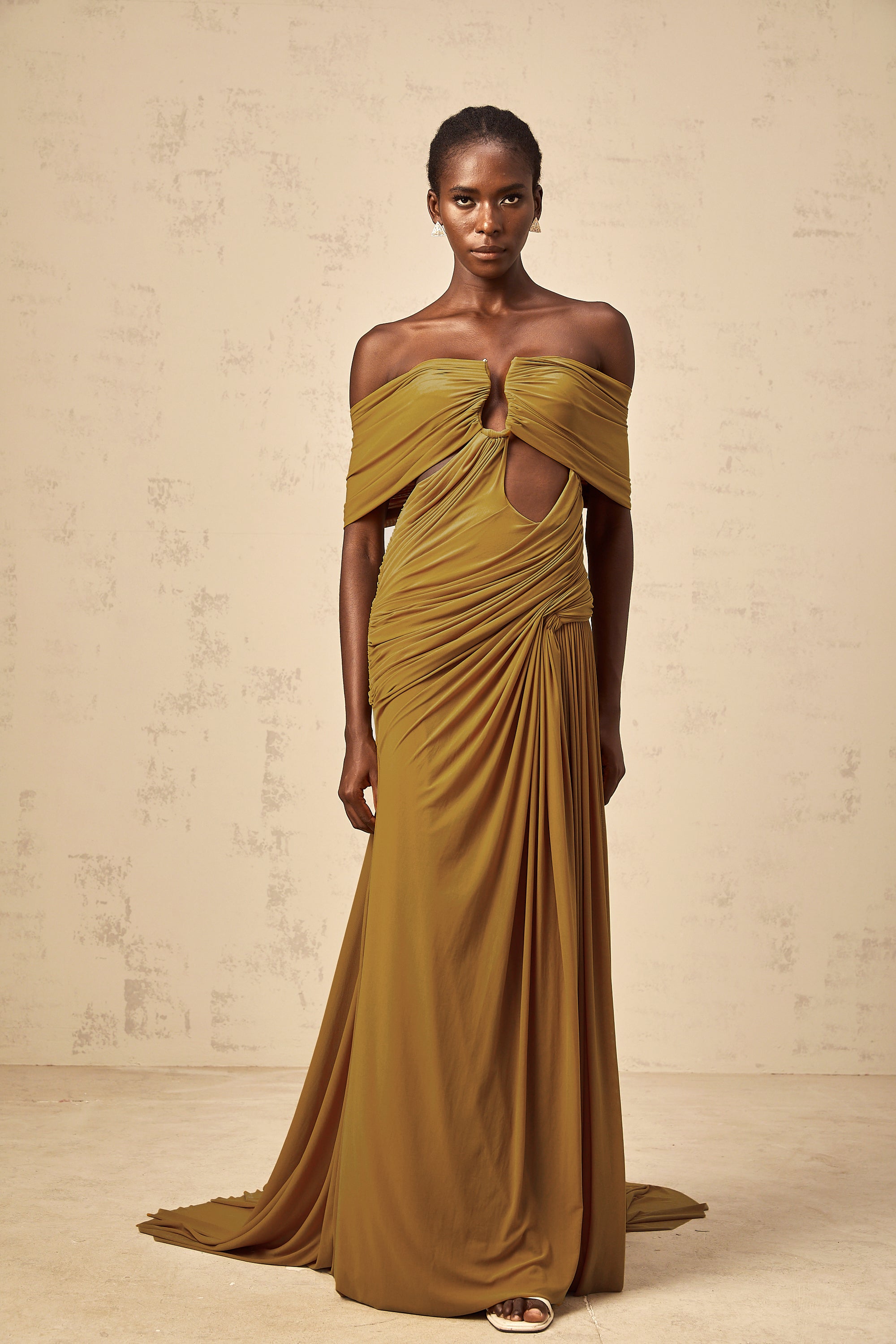 Ludivine ocher off-shoulder cut-out ruched maxi dress (Final Sale-US Only)