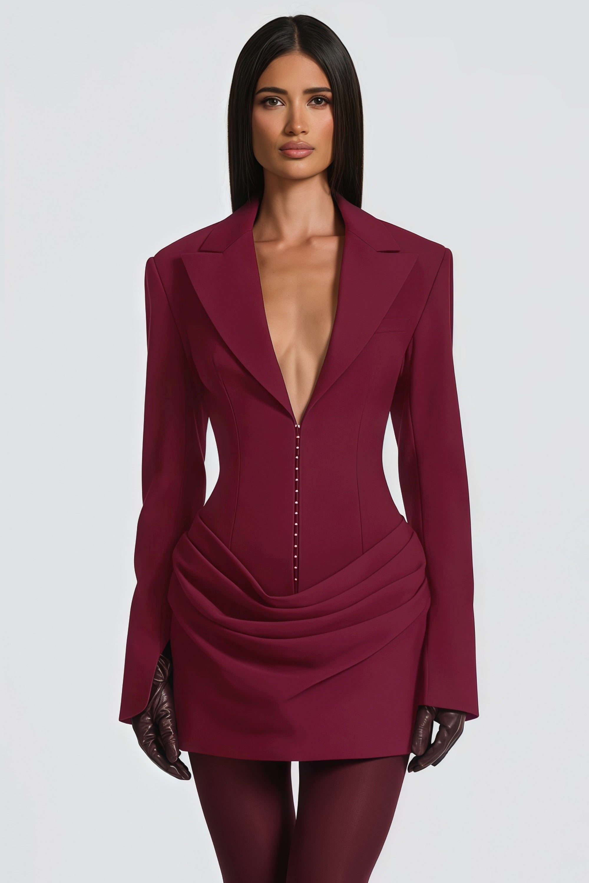 Rosette Burgundy Ruched Blazer Mini Dress (Final Sale)