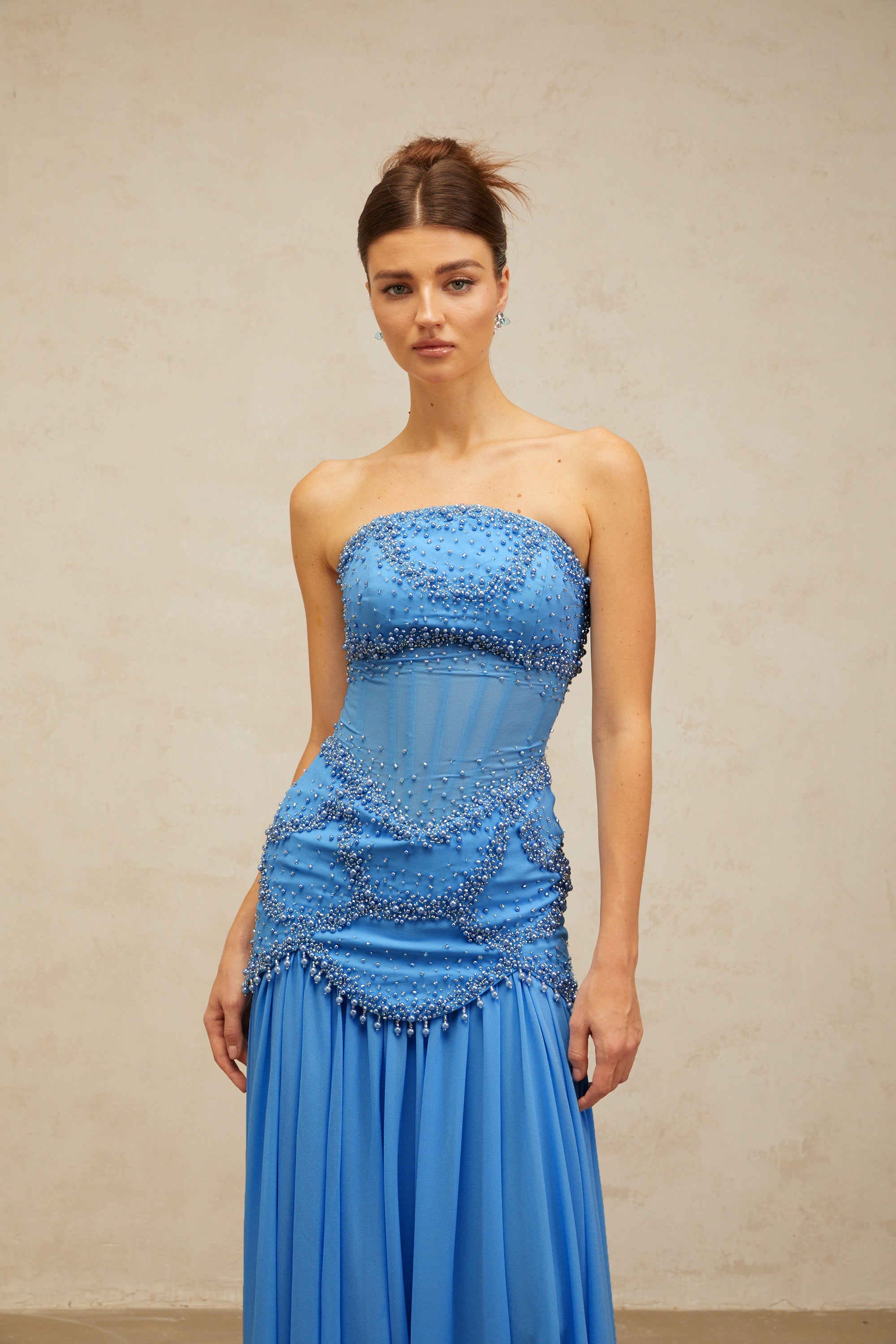 Gaëlle blue faux-pearl-embellished pleated maxi dress