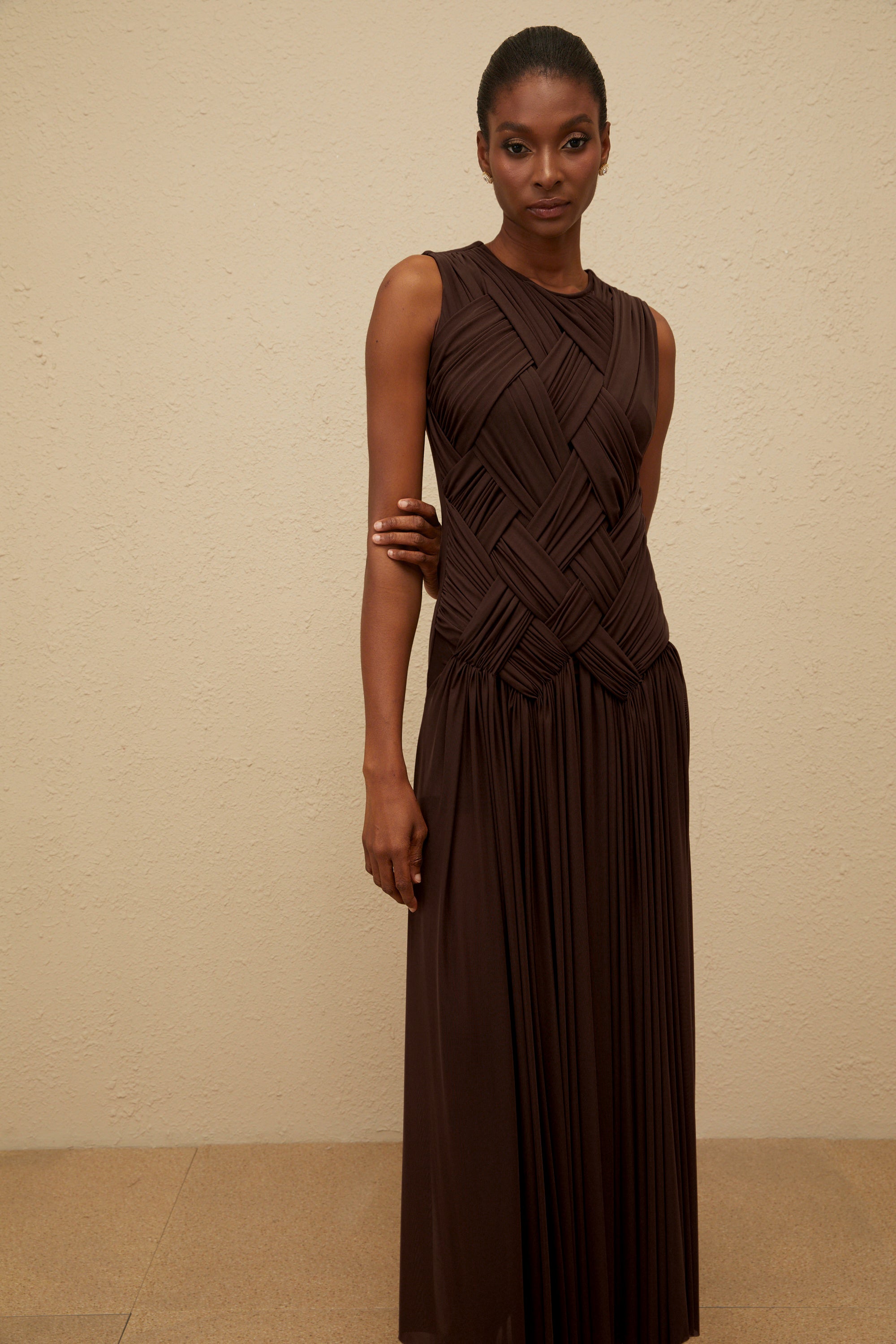 Daphné Brown Asymmetrical Braided Tulle Midi Dress
