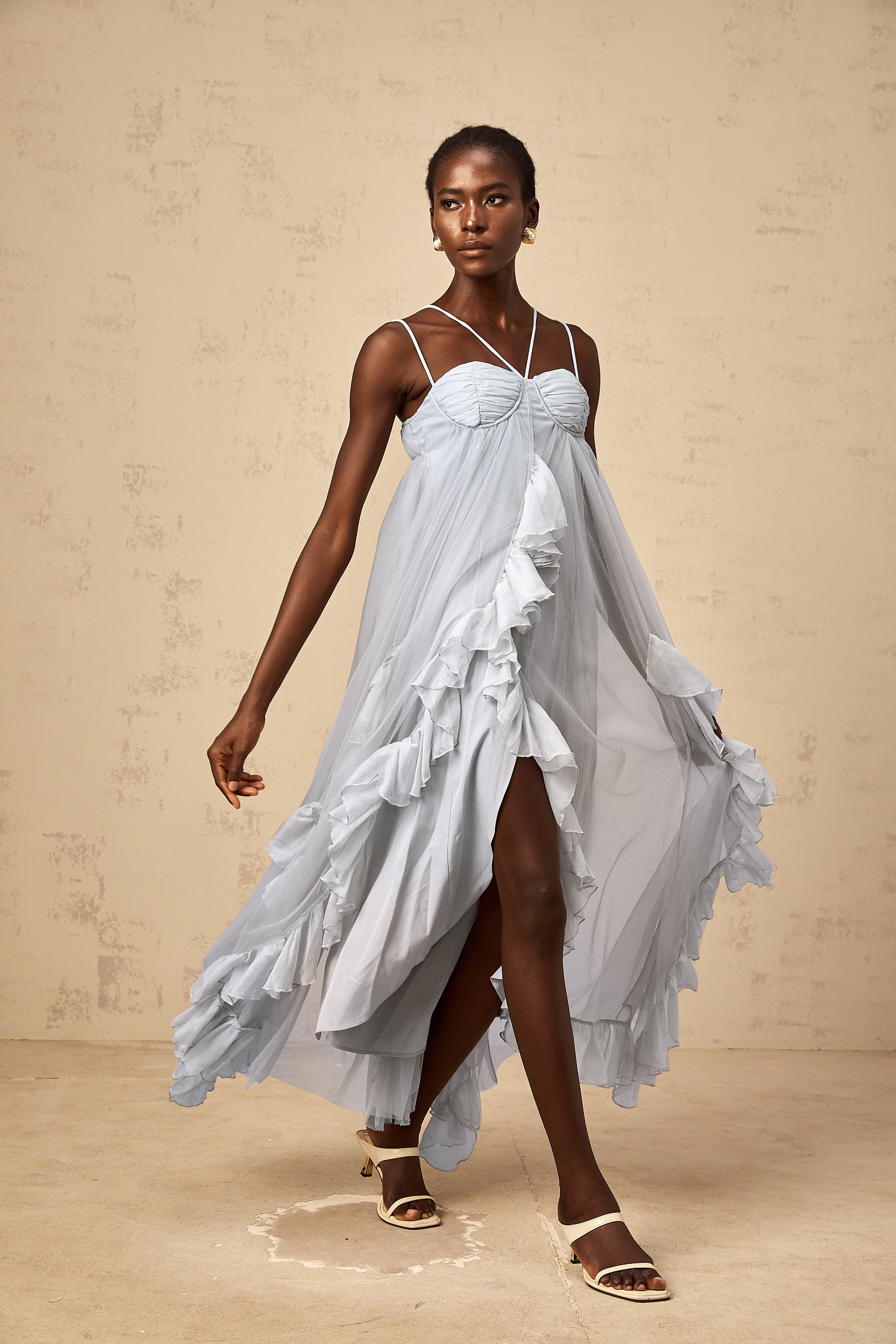 Colette layered ruffled tulle maxi dress in Blue