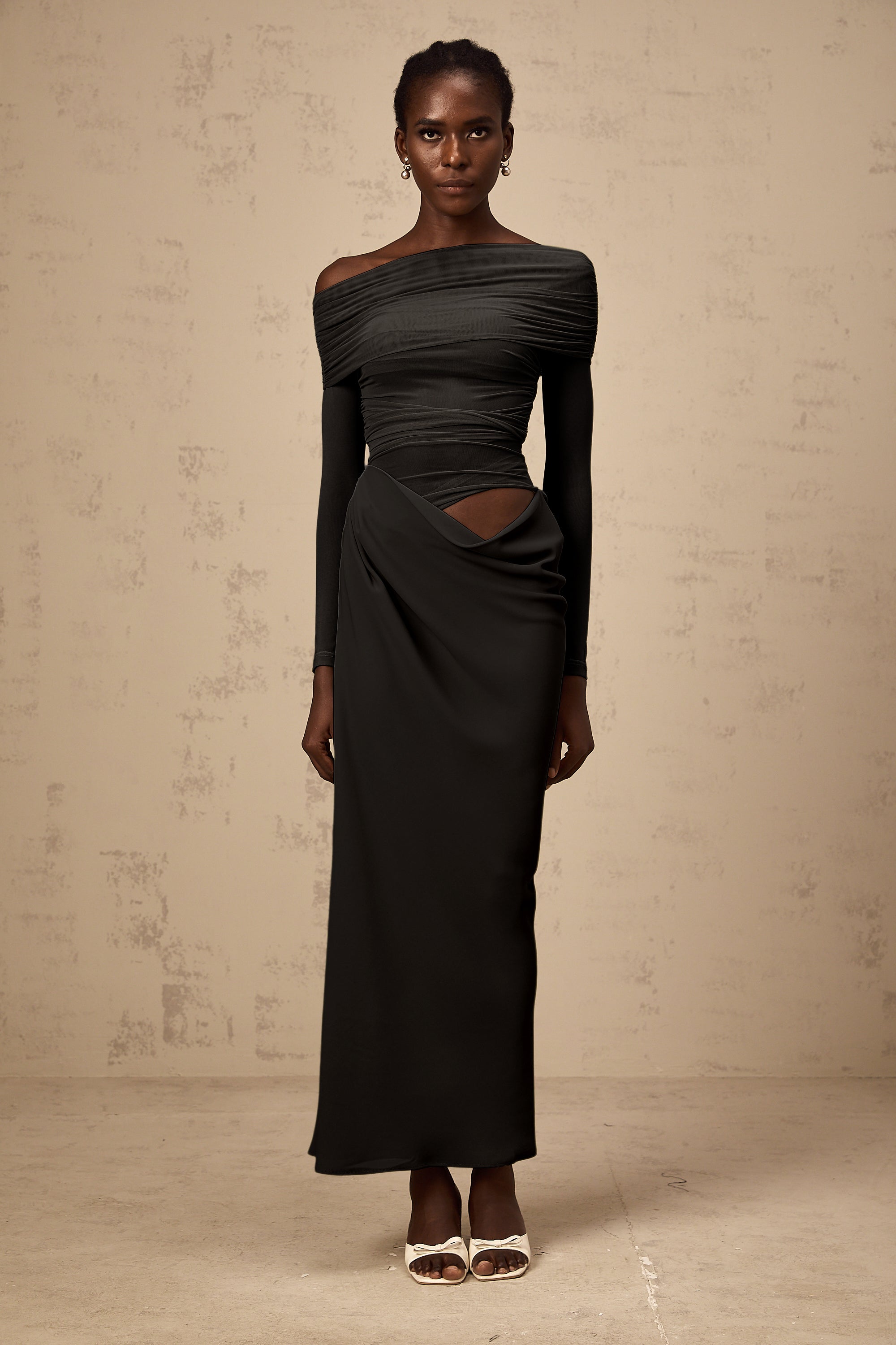 Estelle off-shoulder semi-sheer midi dress in Black (Final Sale)