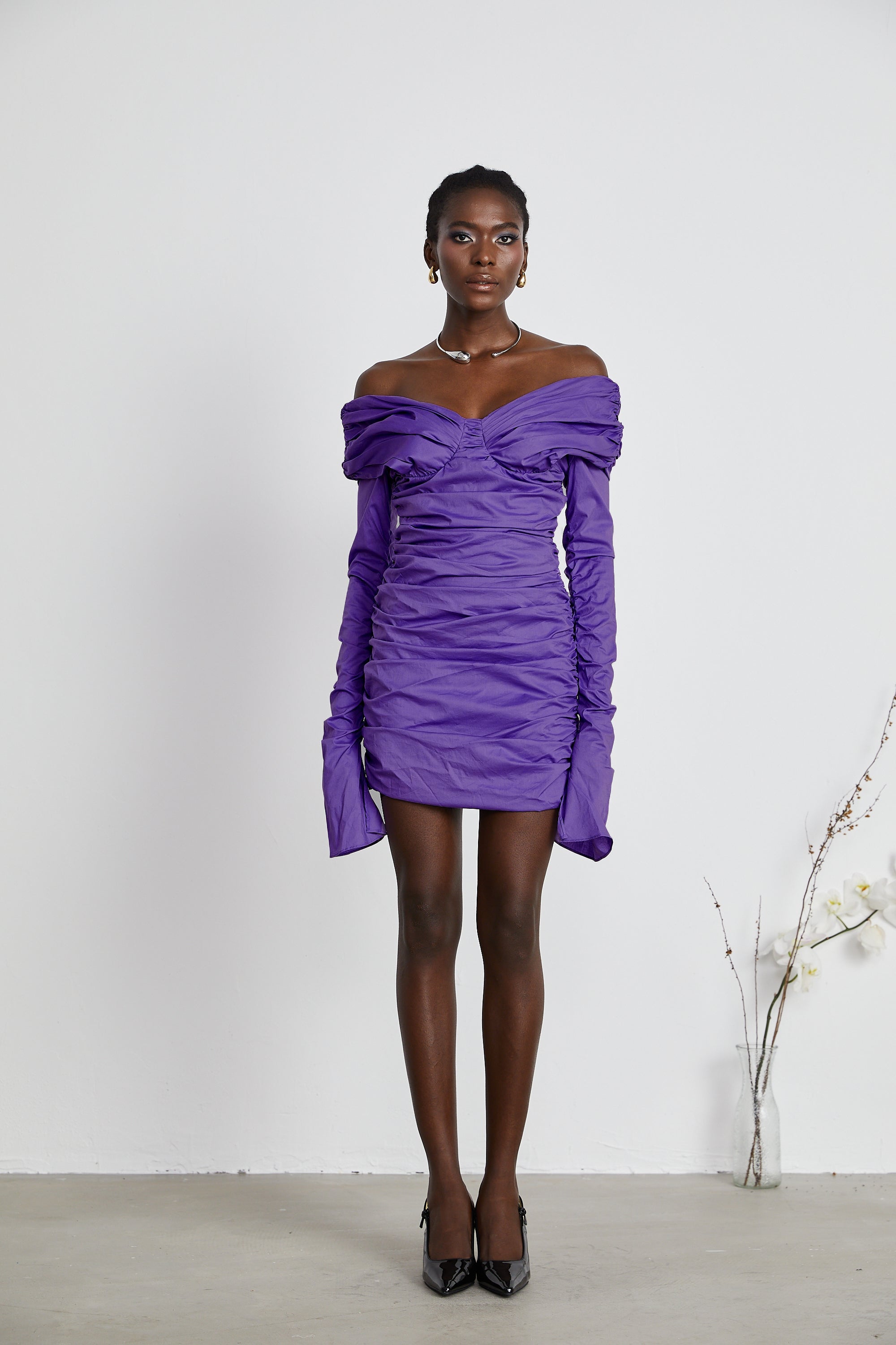 Apolline purple off-shoulder ruched mini dress (Final Sale-US Only)