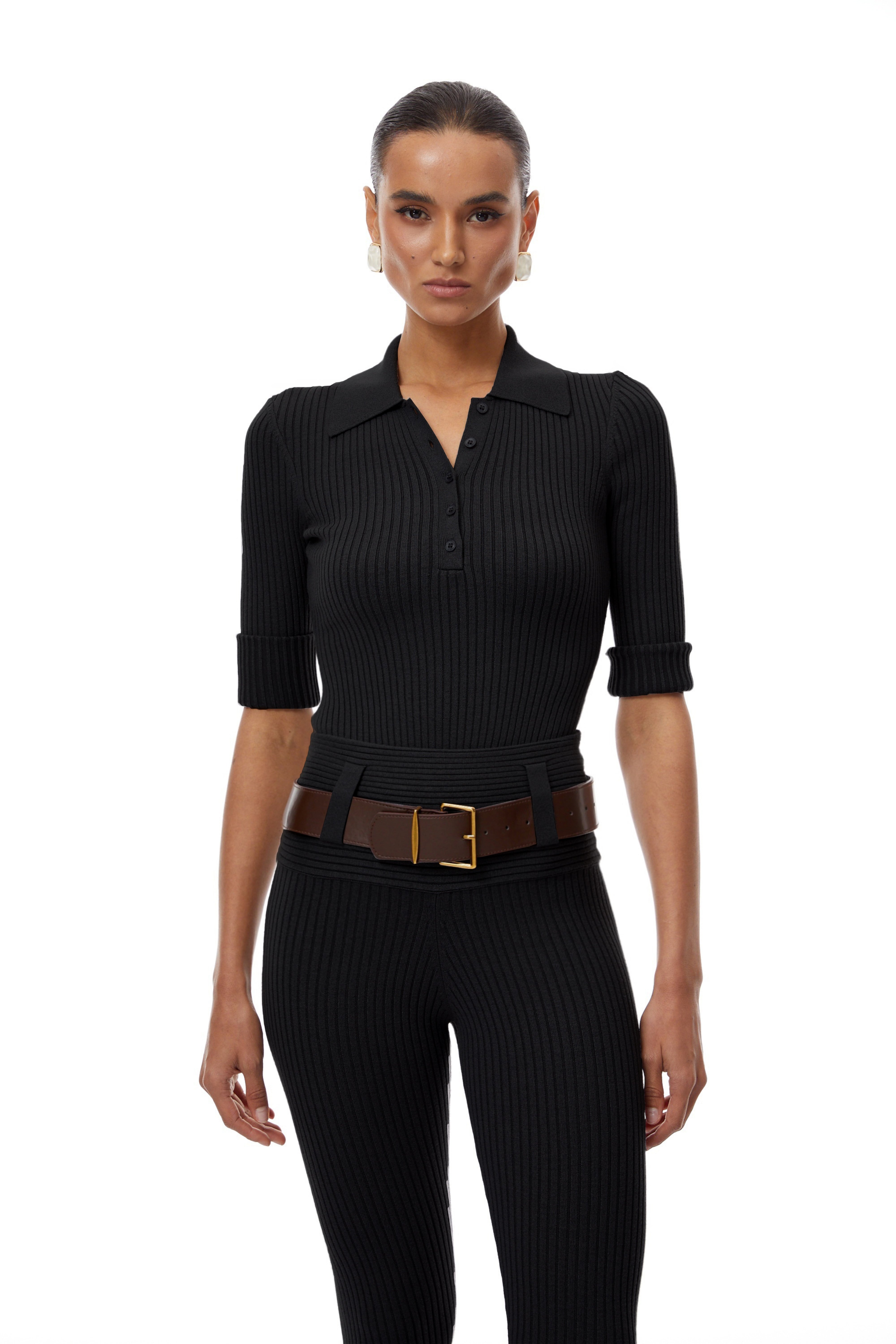 Claire Black Ribbed Knit Bodysuit & Trousers Set