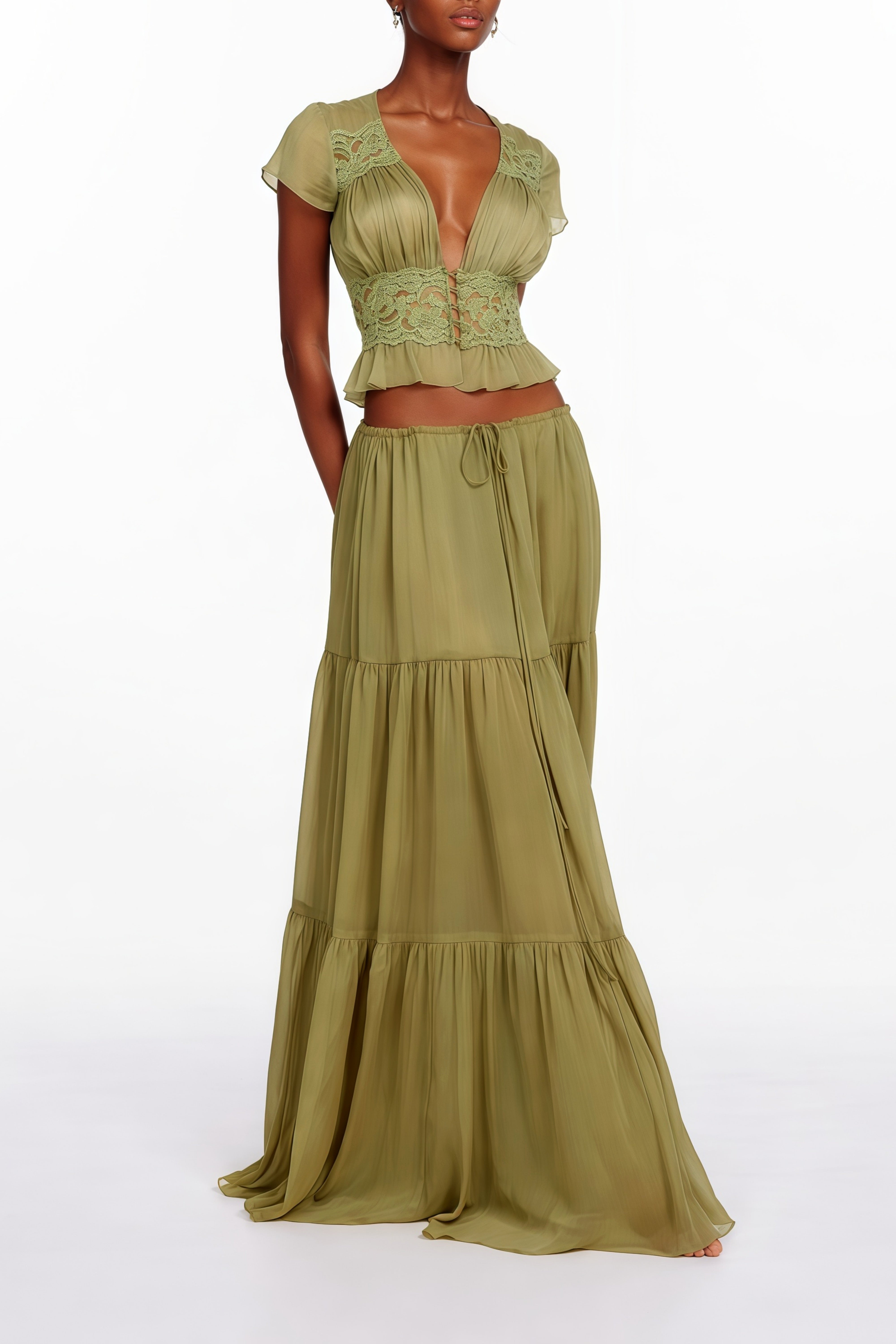 Pleiade Green Floral Lace Chiffon Top & Skirt Set