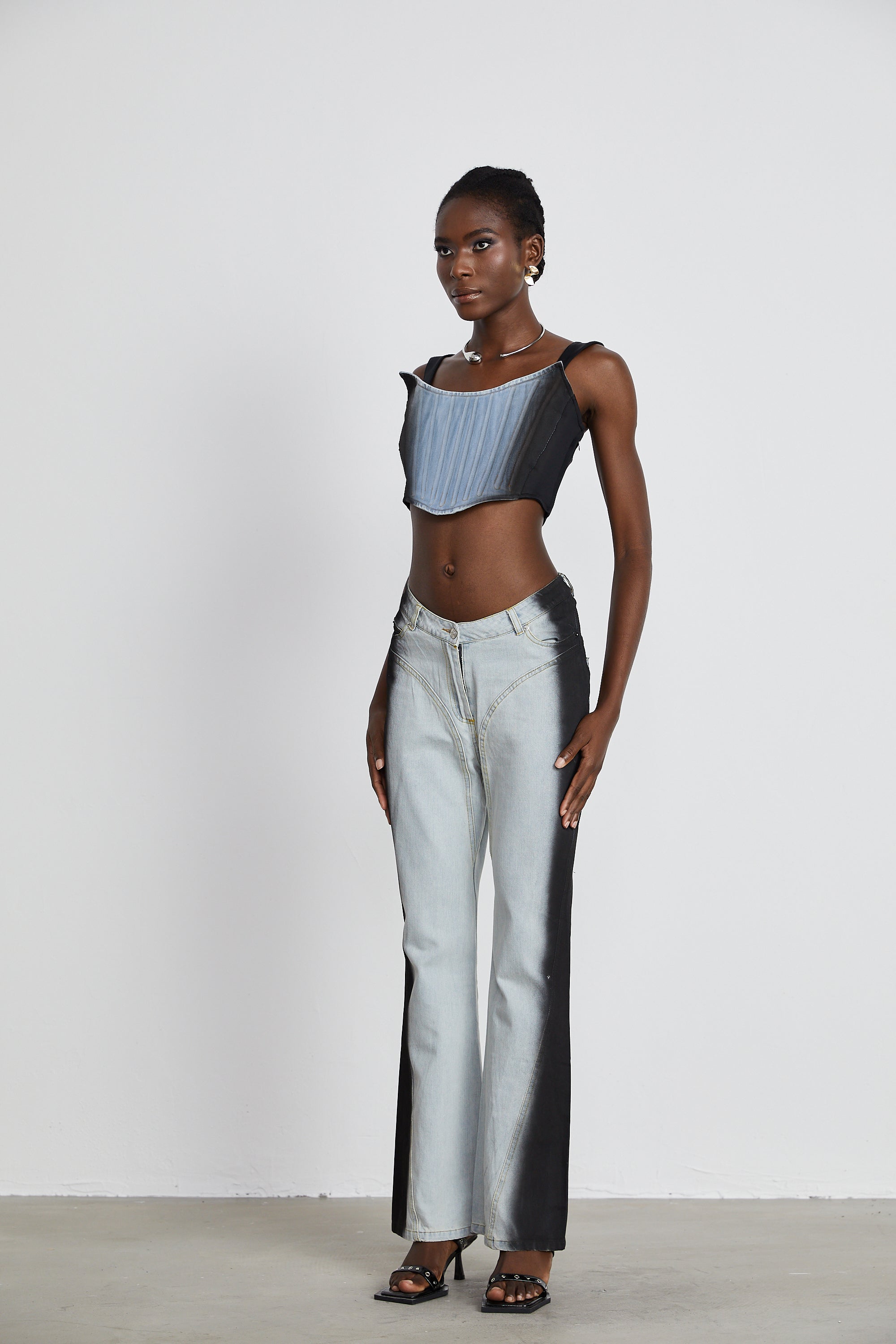 Manon two-tone denim cropped top